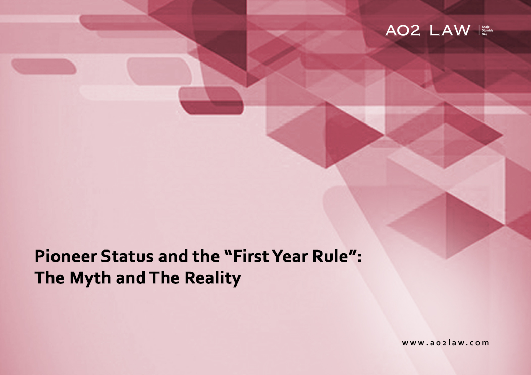 Abstract design featuring the title "Pioneer Status and the 'First Year Rule': The Myth and The Reality" with geometric shapes.