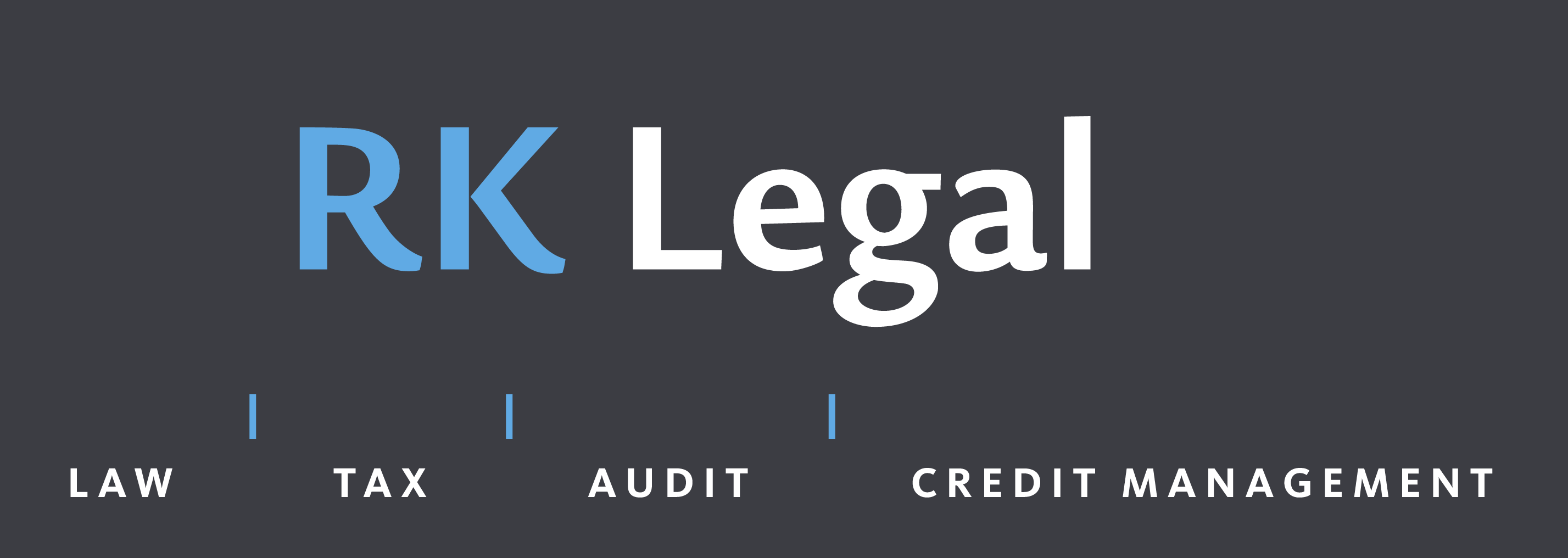 RK Legal logo featuring text "LAW", "TAX", "AUDIT", and "CREDIT MANAGEMENT" in a modern design.
