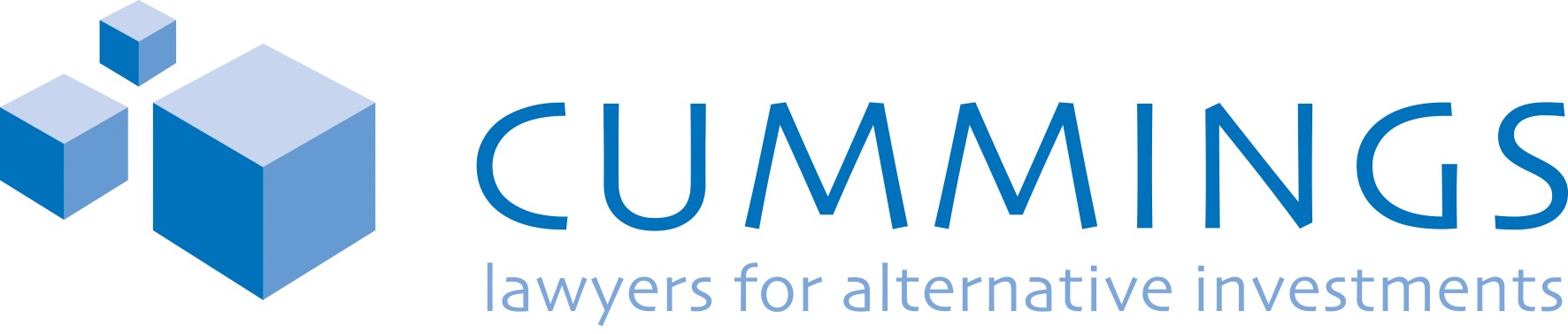 Logo of Cummings law firm specializing in alternative investments, featuring geometric shapes and blue text.