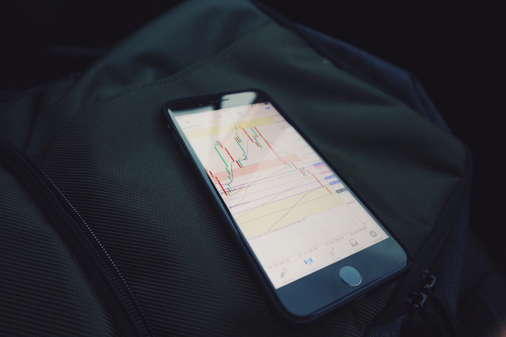 Smartphone displaying financial market data on a textured surface.