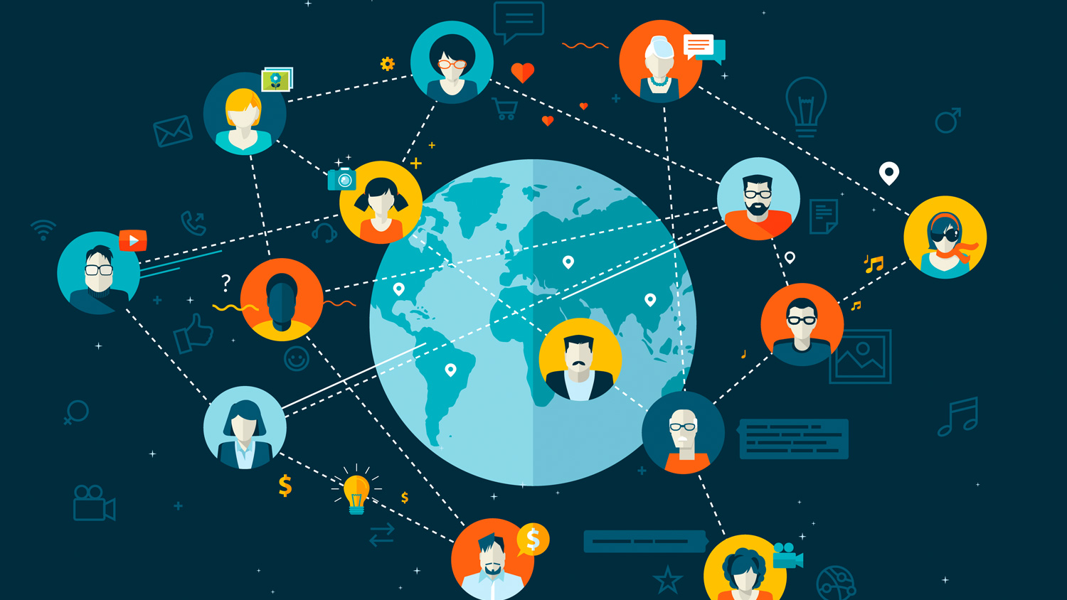 Global network of diverse individuals connected by digital icons and lines, representing online communication and collaboration.