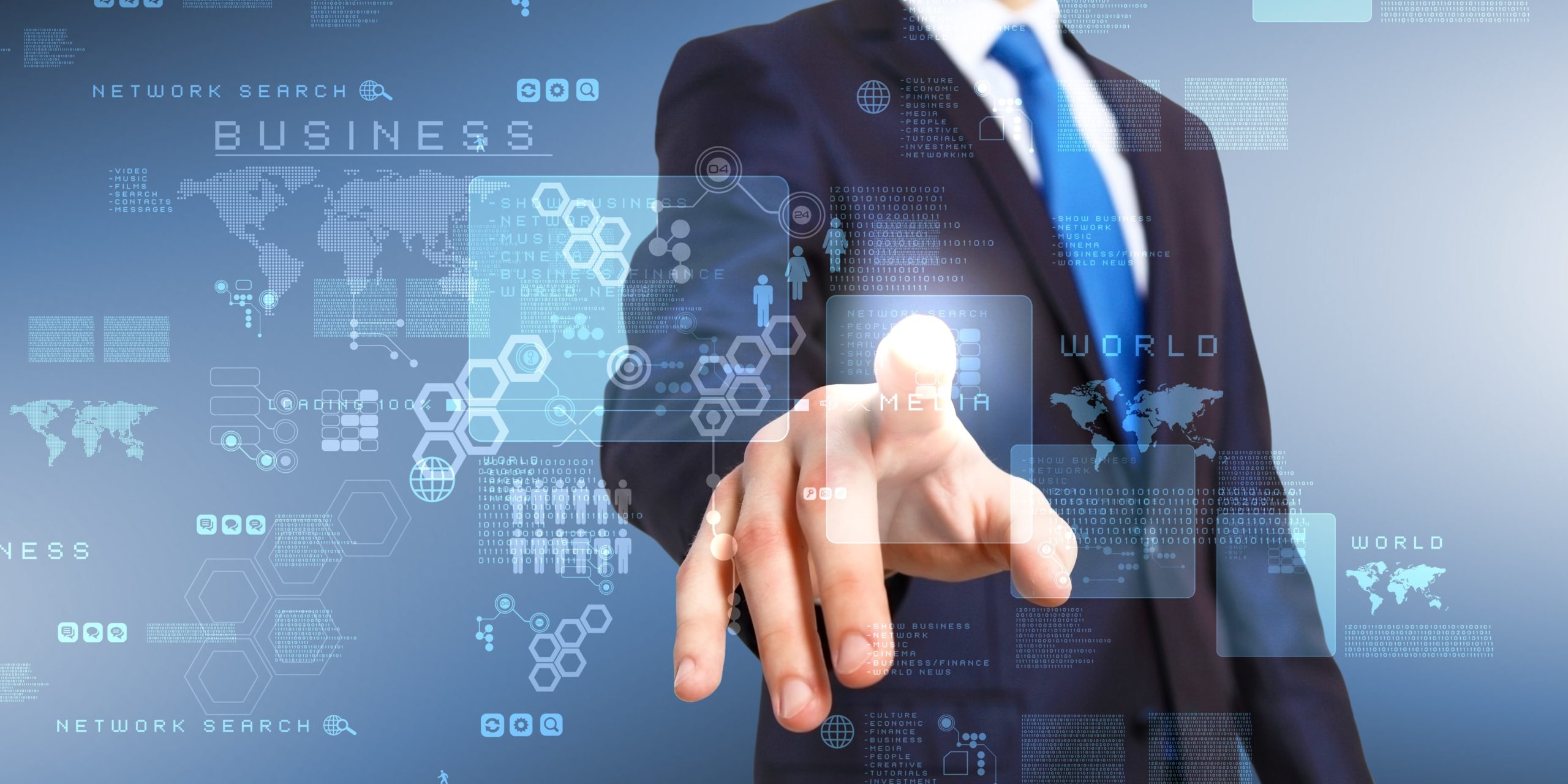 Business professional reaching out to interact with digital interface displaying global data and analytics.