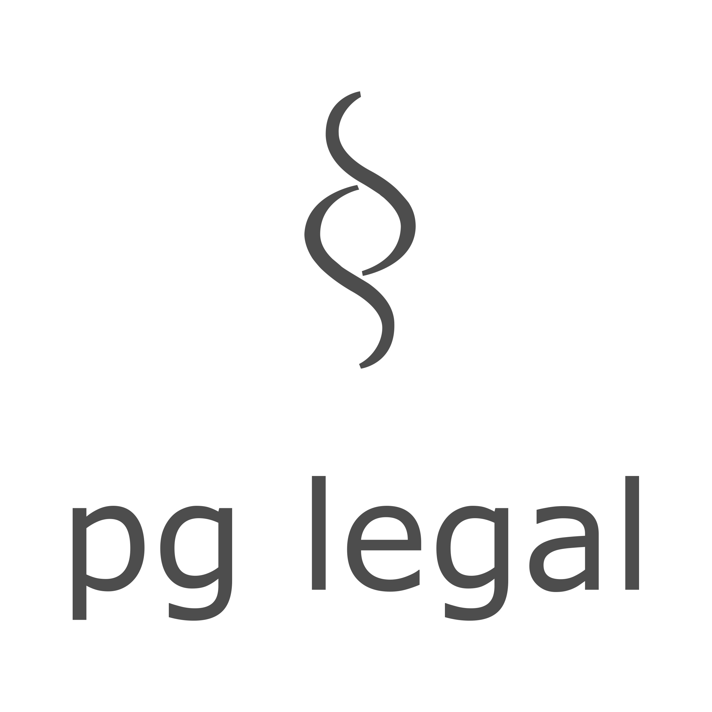 Graphic of a legal logo featuring the text "pg legal" and an abstract design element.