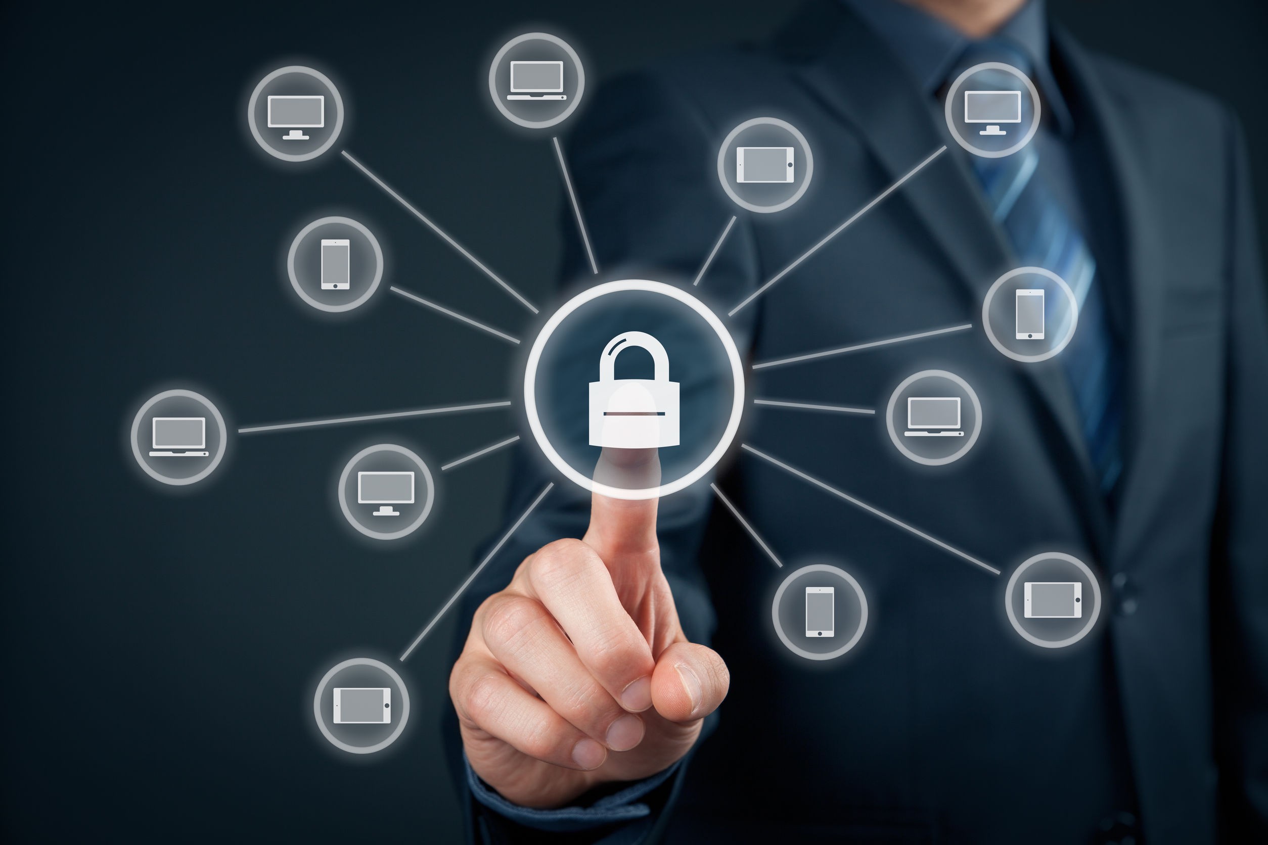 Lawyer interacting with digital security icons, emphasizing technology in legal practices.