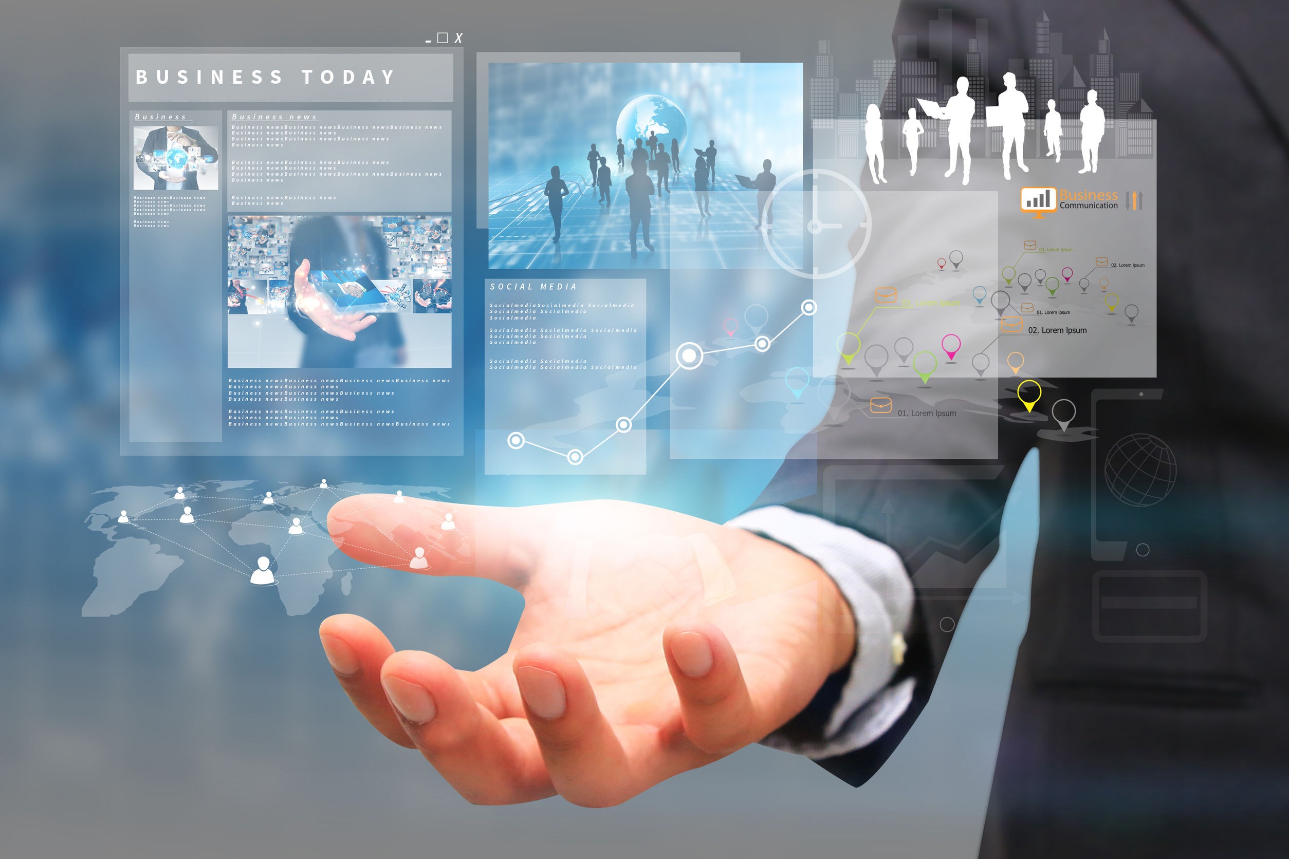 Business professional presenting digital information with graphical data and charts in a modern office environment.