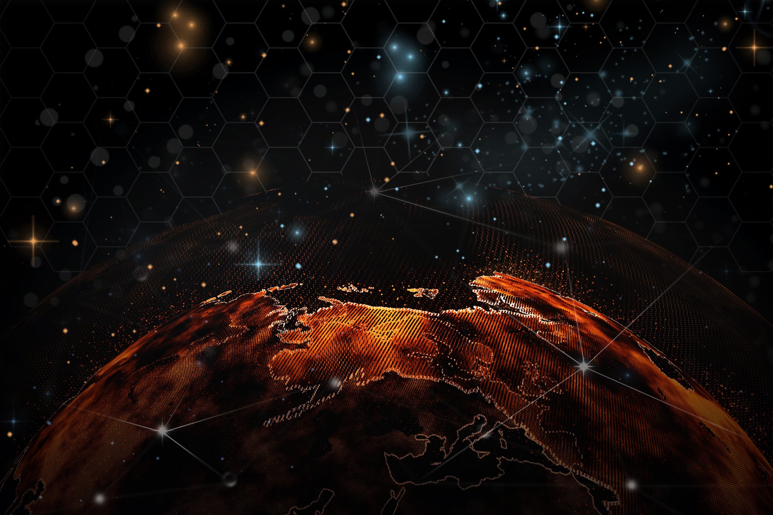 Digital representation of Earth with glowing continents and starry background, suggesting a global perspective.