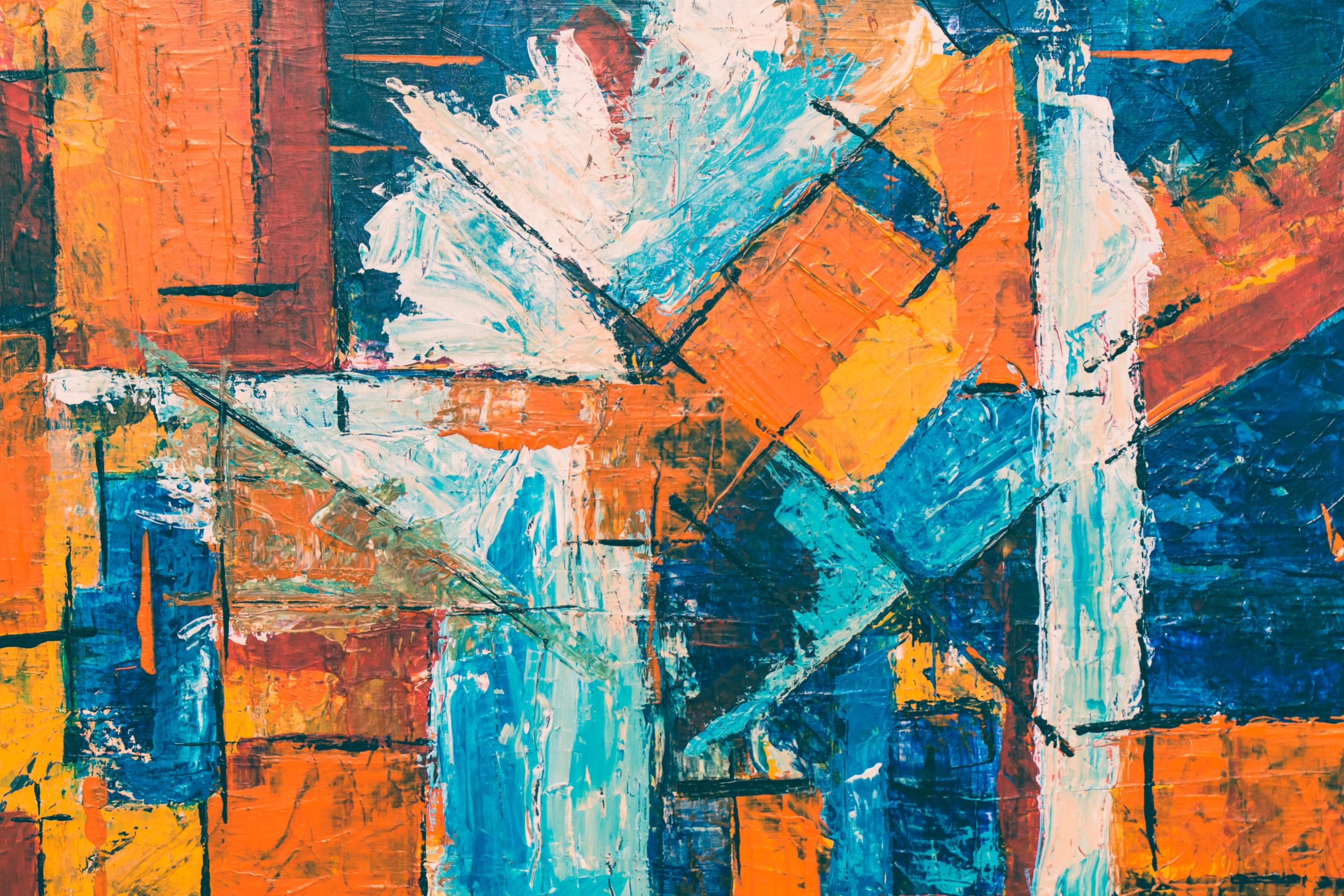 Abstract painting featuring vibrant colors in geometric patterns, showcasing layers of texture and movement.