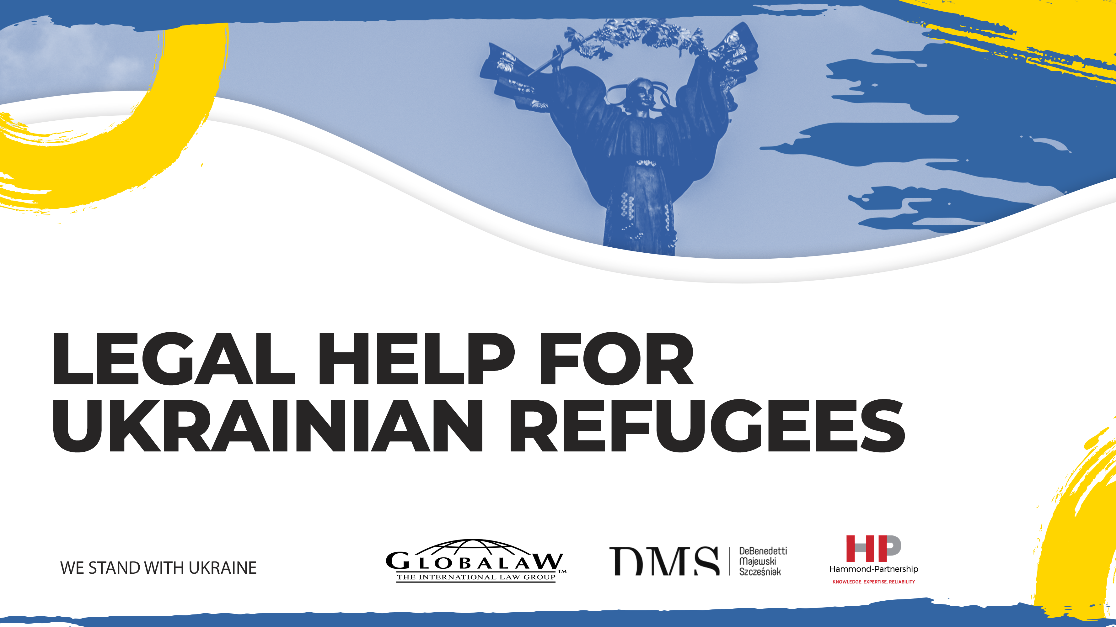 Legal graphic promoting support and resources for Ukrainian refugees seeking legal assistance.