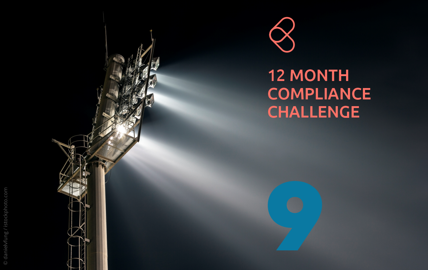 Bright stadium floodlight illuminating a sports field at night, with a compliance challenge graphic overlay.