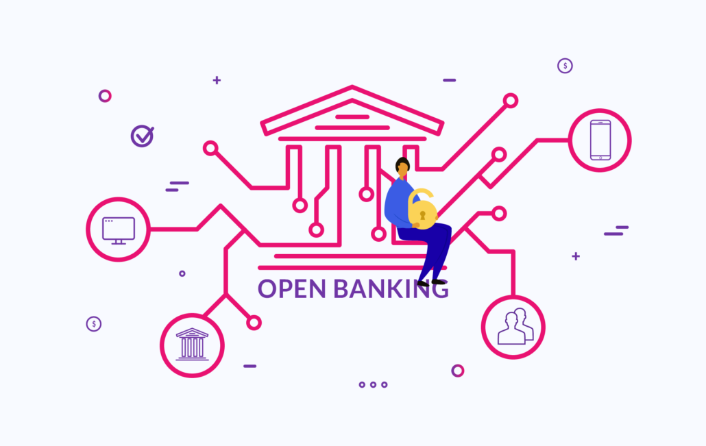Person holding a lock symbol, seated near an open banking illustration, with icons of banks and devices.