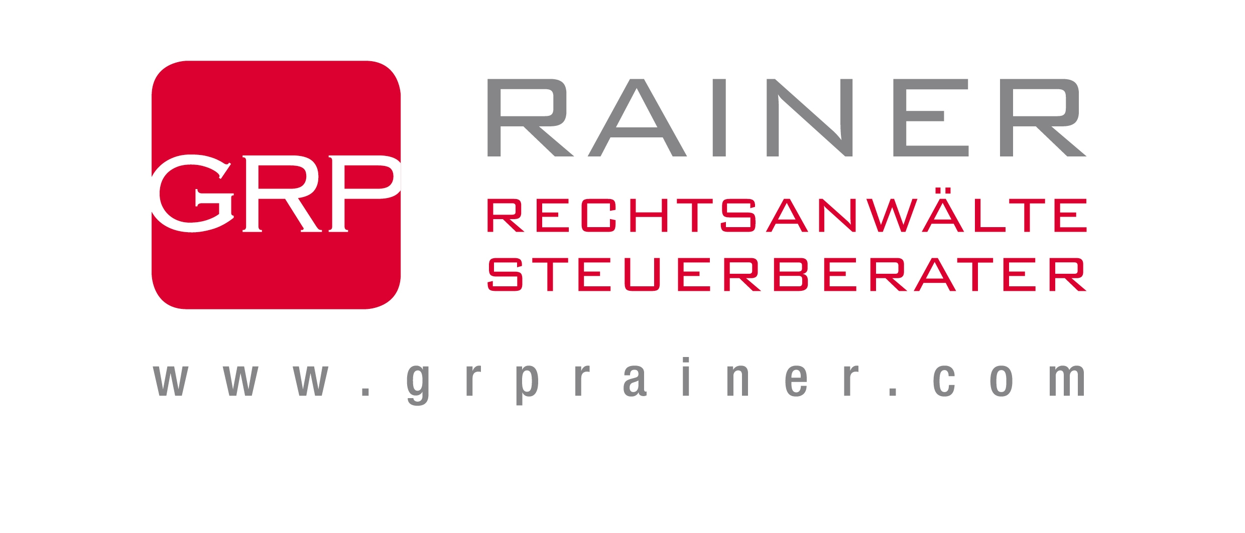 Legal logo for GRP Rainer law firm, featuring text and website URL for legal services and consulting.