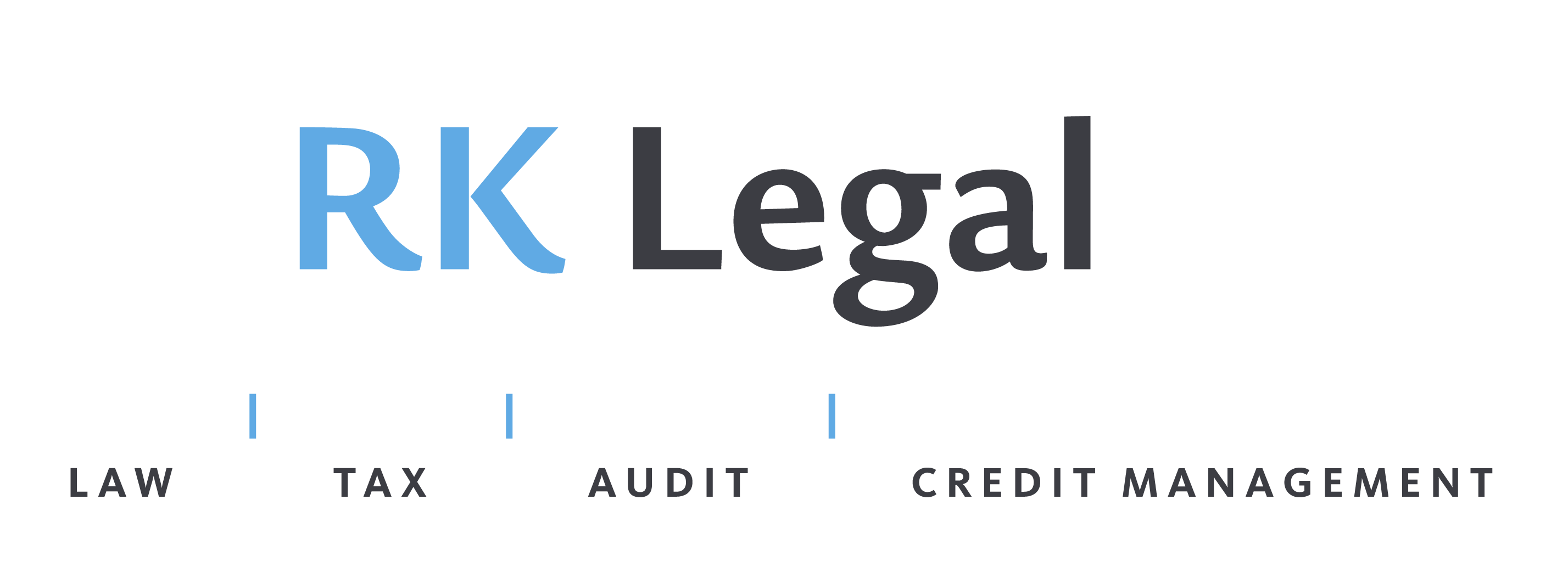 Logo for RK Legal, featuring text identifying services: Law, Tax, Audit, Credit Management.