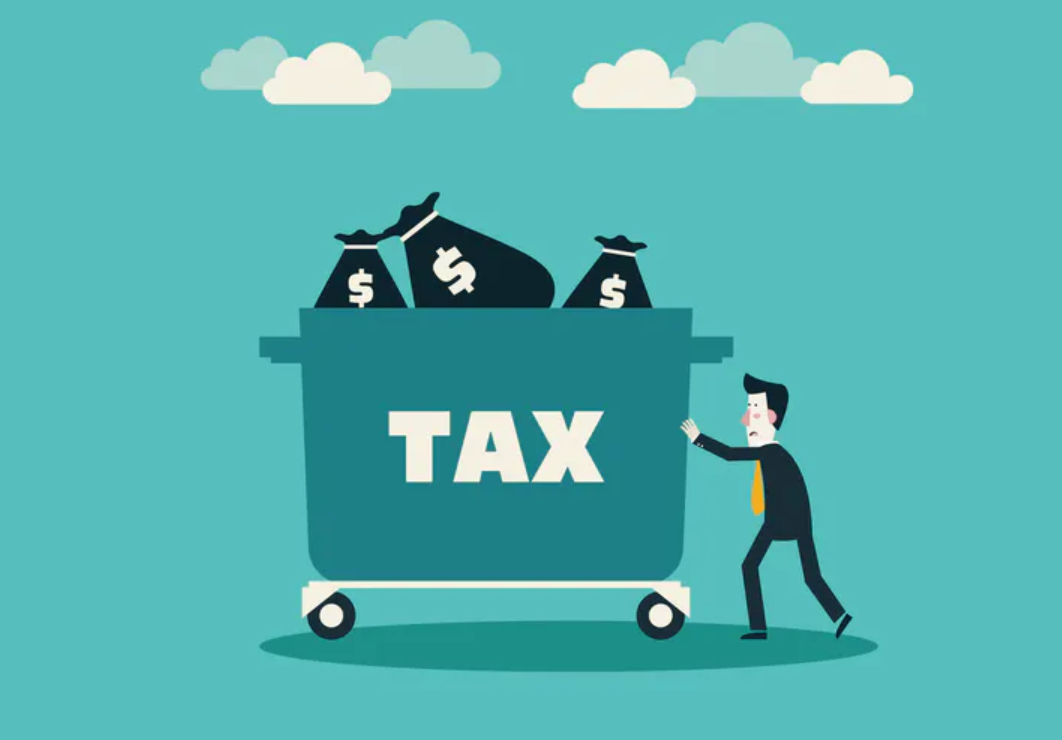 Businessman pushing a cart labeled "TAX" filled with money bags in a colorful graphic illustration.