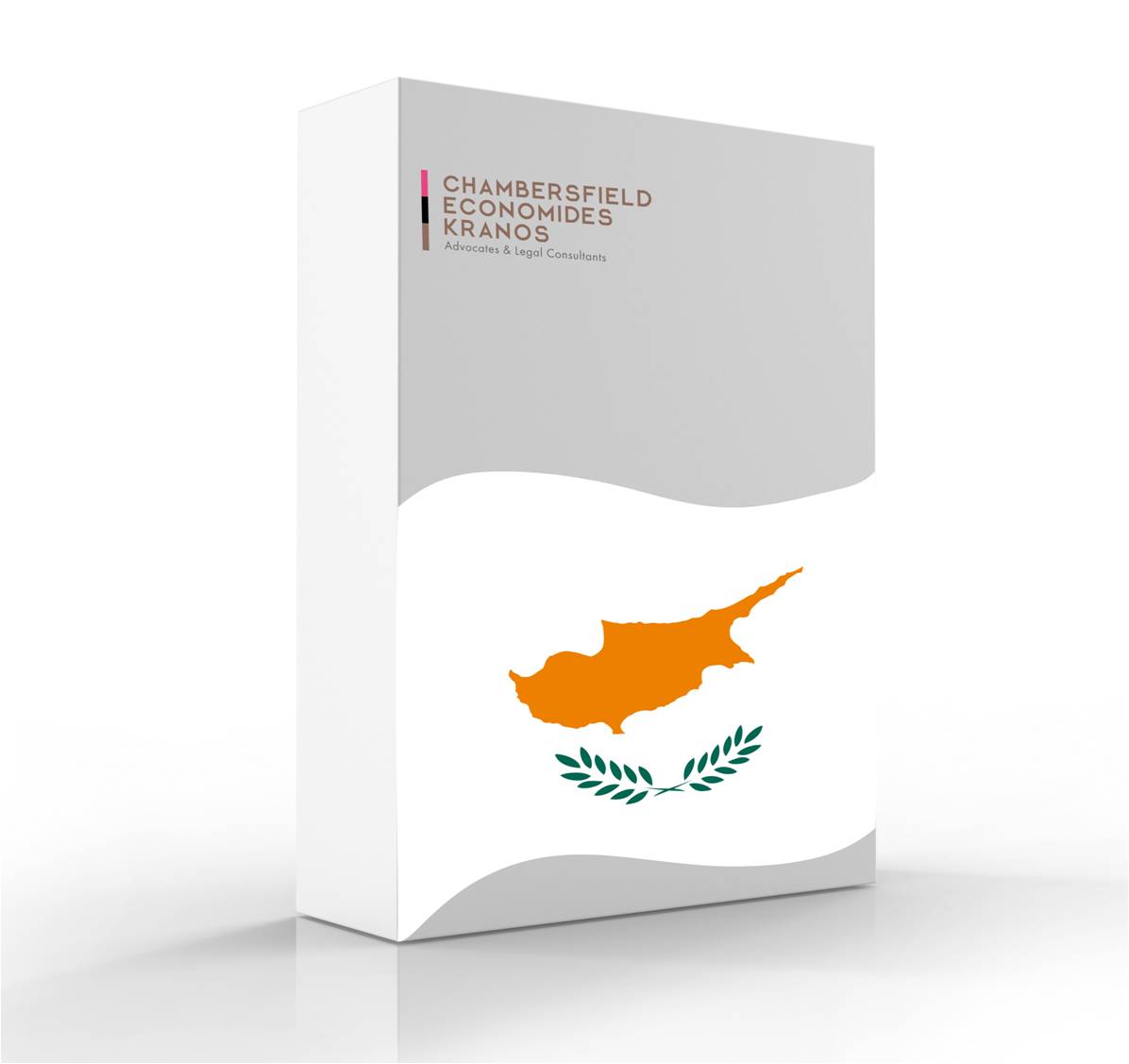 Legal consultancy branding box featuring Cyprus flag and logo for Chambersfield Economides Kranos Advocates.