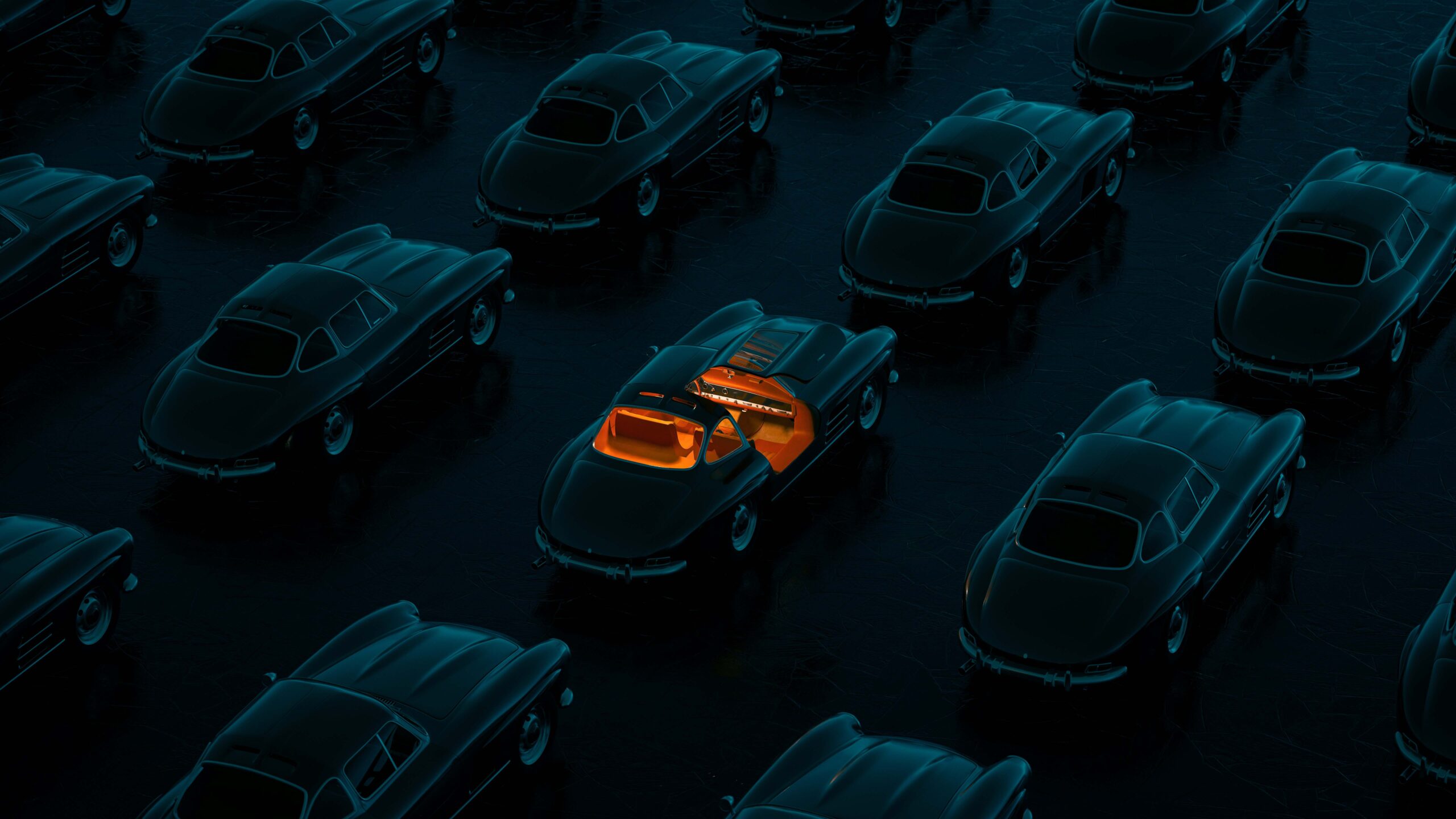 Single illuminated vintage car among a cluster of darker vintage cars in a stylized, moody setting.