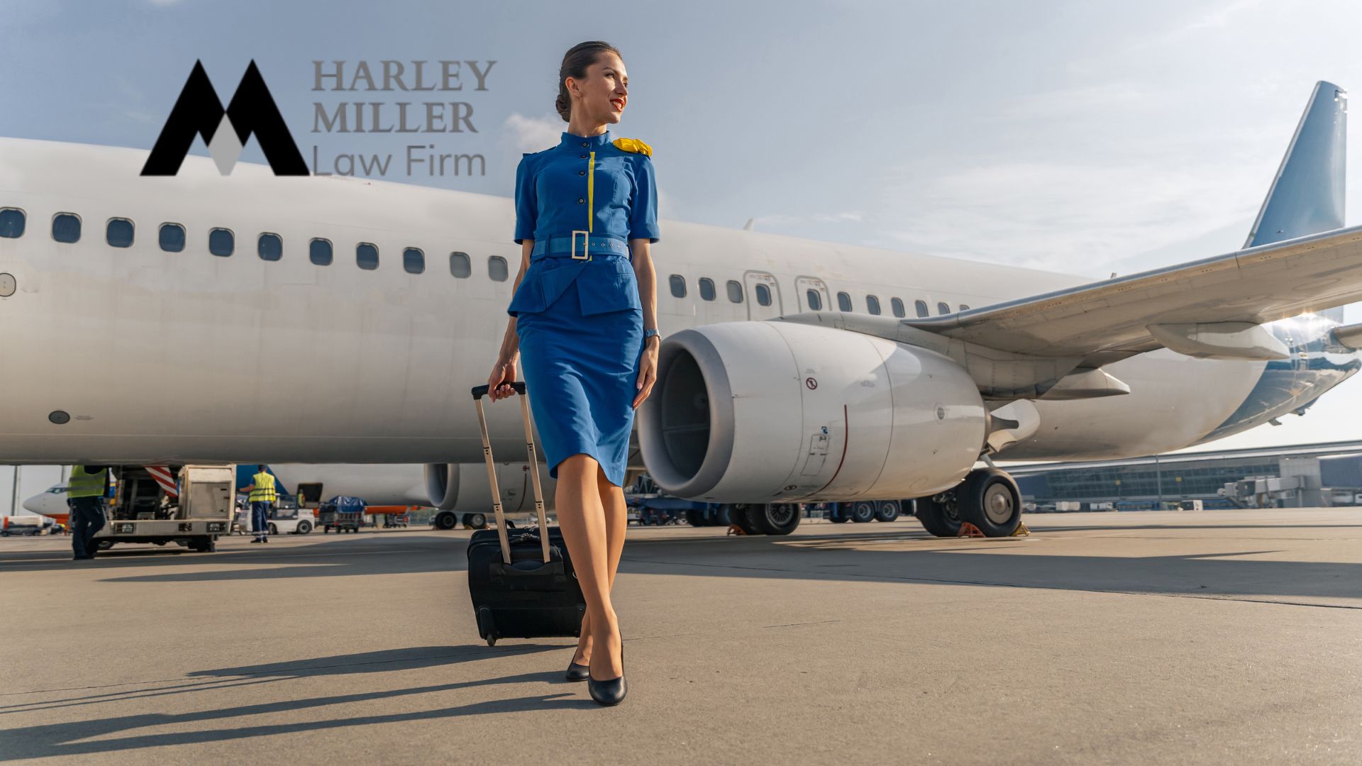 Woman in blue uniform walking with suitcase beside an airplane on runway at an airport.