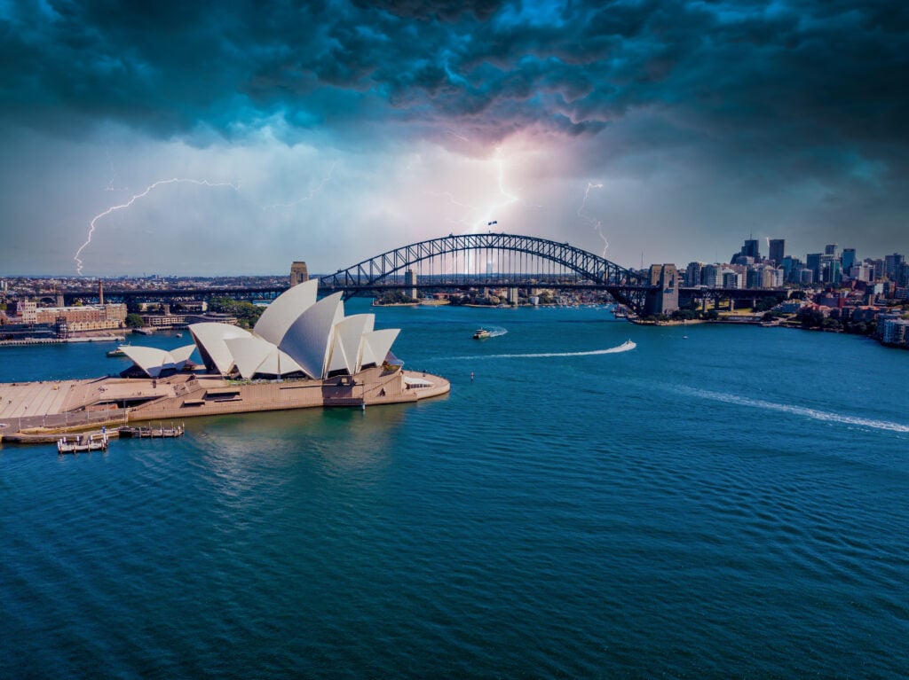 Amazing aerial view of Sydney city, the harbor bridge and the modern building of the Opera house