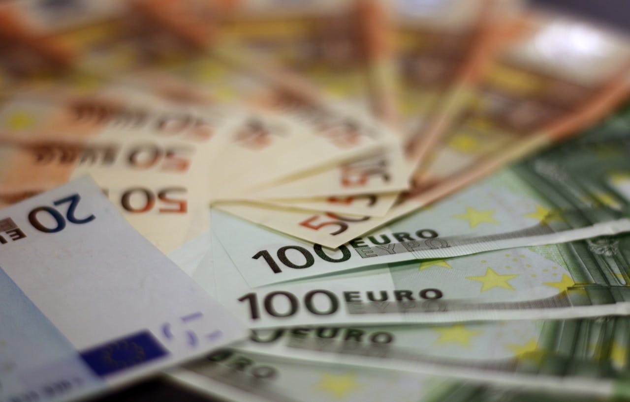 Euro banknotes of various denominations spread out on a surface.
