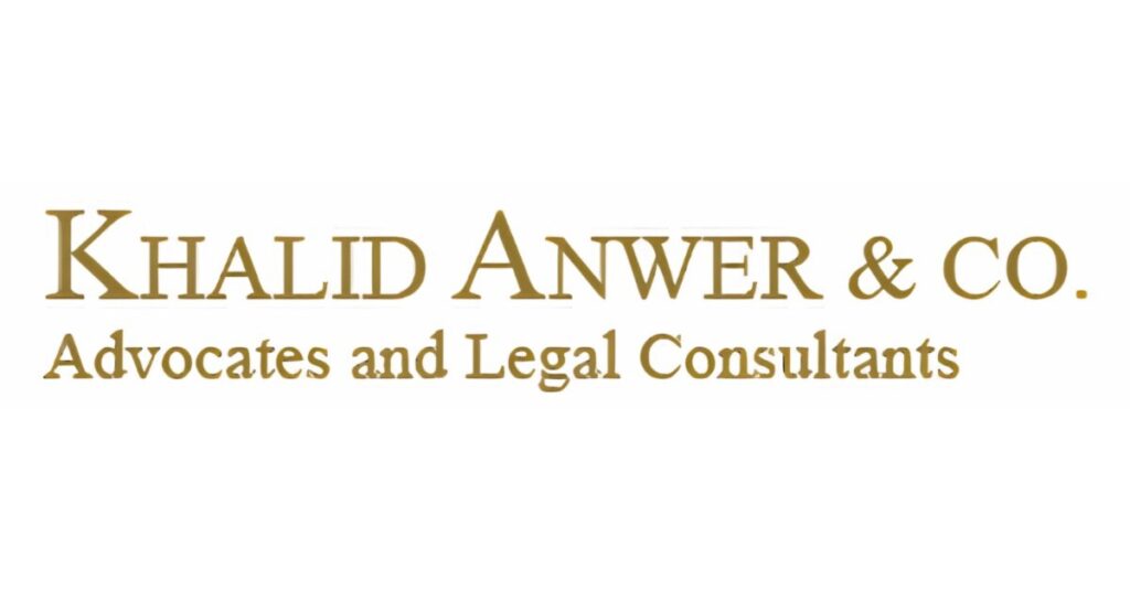 Khalid Anwer & Co. Advocates and Legal Consultants logo with gold text on a white background.