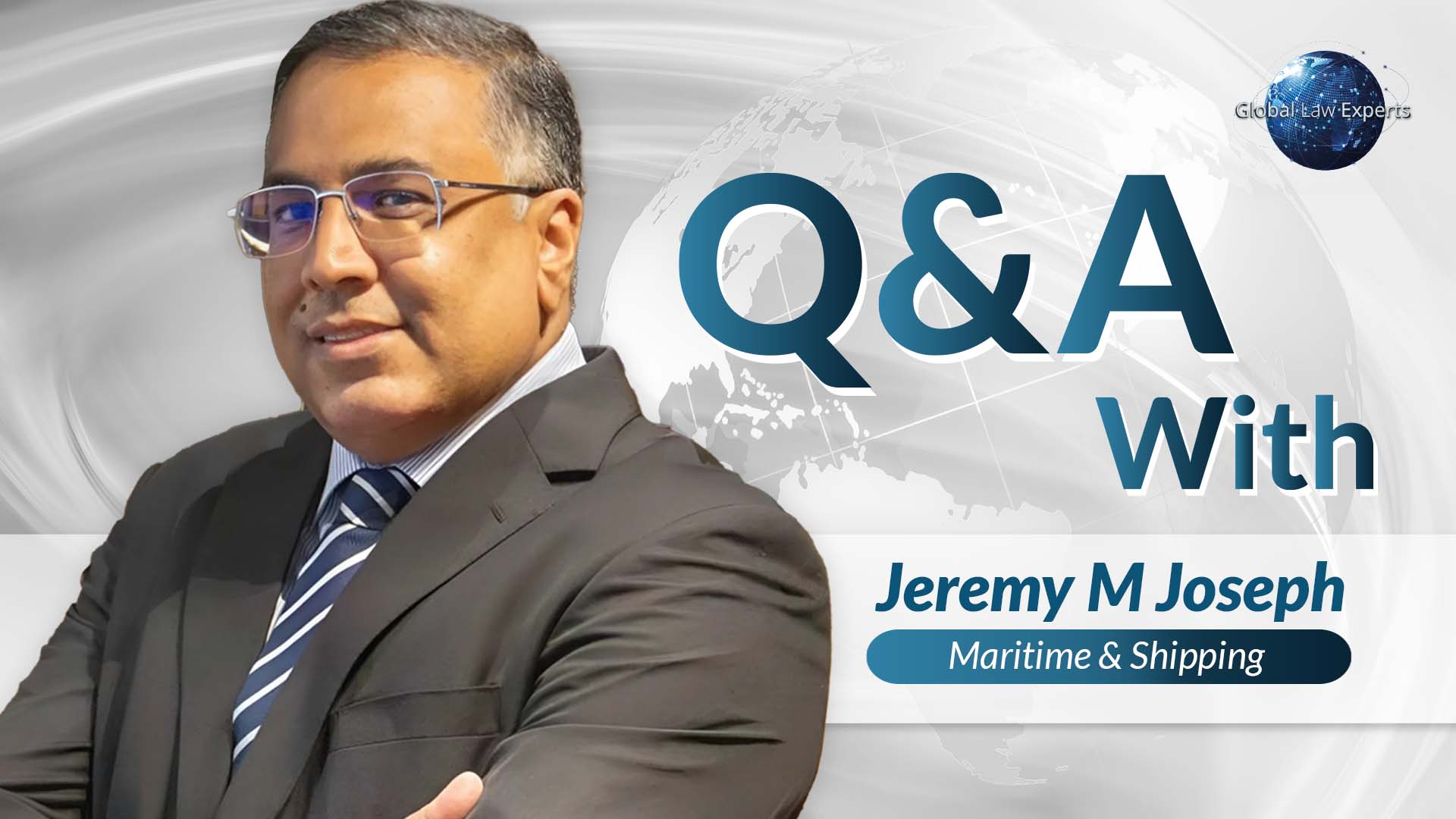 Maritime attorney posing confidently with arms crossed, featuring a global background and text for Q&A session.