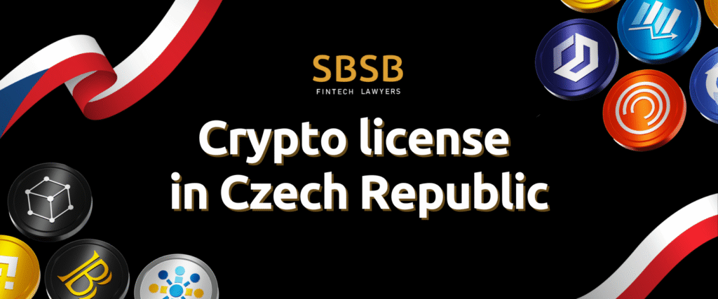 Law firm promoting crypto license services in the Czech Republic with legal symbols and digital currency icons.