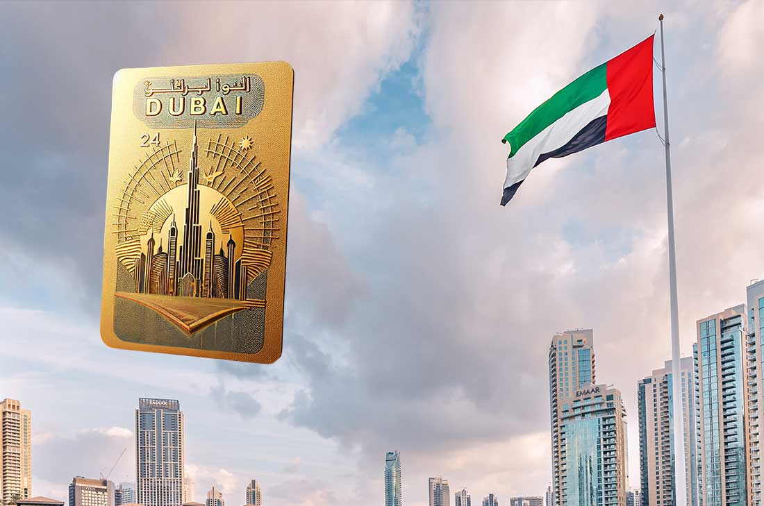 Dubai cityscape featuring a golden city card design with the UAE flag waving in the background.