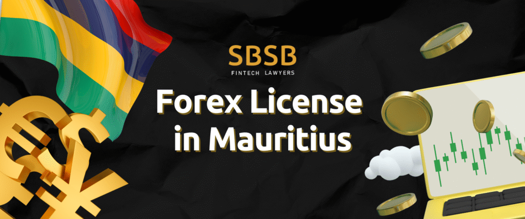 Fintech lawyers promoting Forex license services with currency symbols and a financial chart on a dark background.
