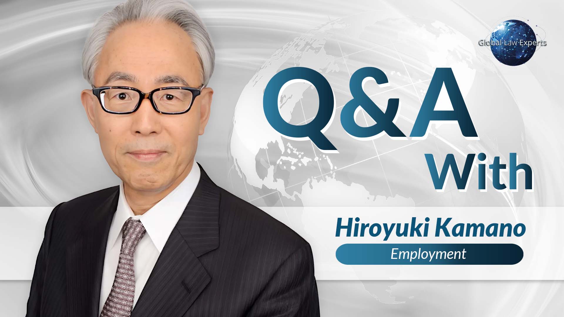 Legal expert conducting a Q&A session on employment law, featuring a globe background and text overlay.