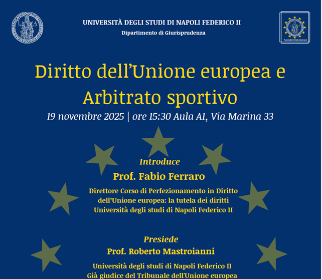 Event poster for a legal seminar on European Union law and sports arbitration at a university.