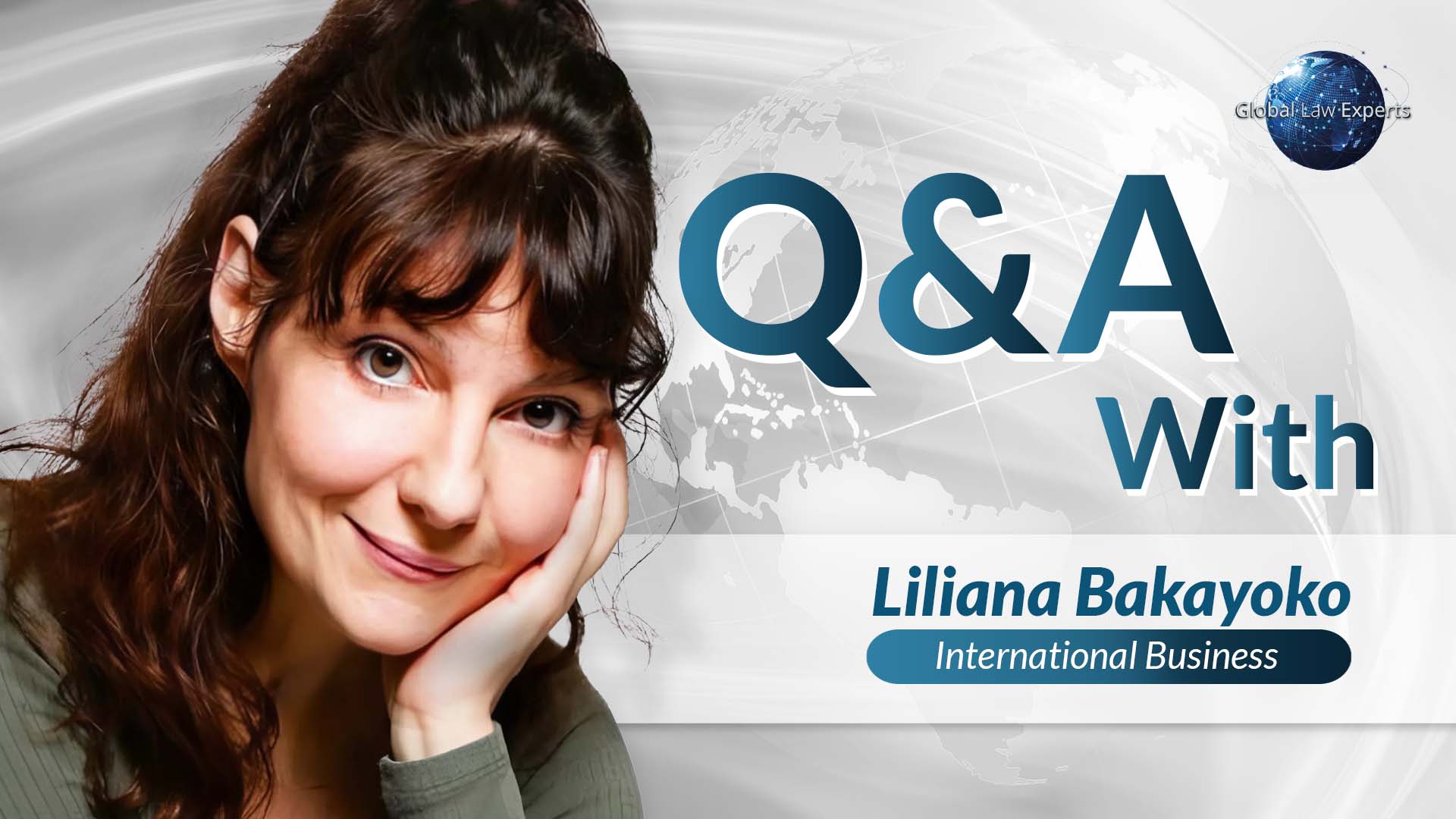 Business professional engaged in a Q&A session, with a globe background and text overlay identifying the topic.