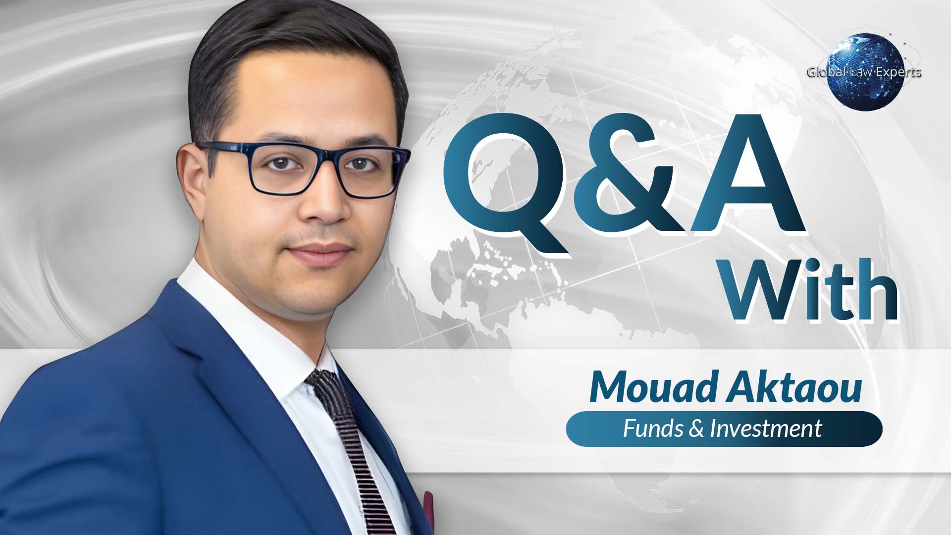Legal professional Mouad Aktaou featured in a graphic for a Q&A on funds and investment topics.