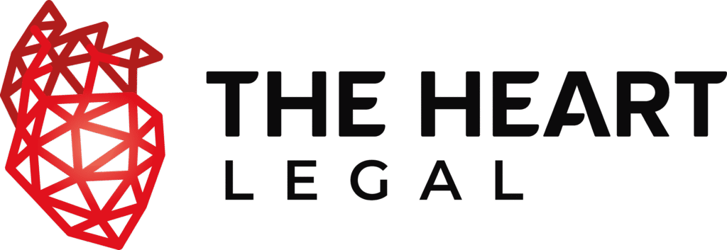 Logo design featuring a geometric heart shape alongside the text "THE HEART LEGAL" in bold font.