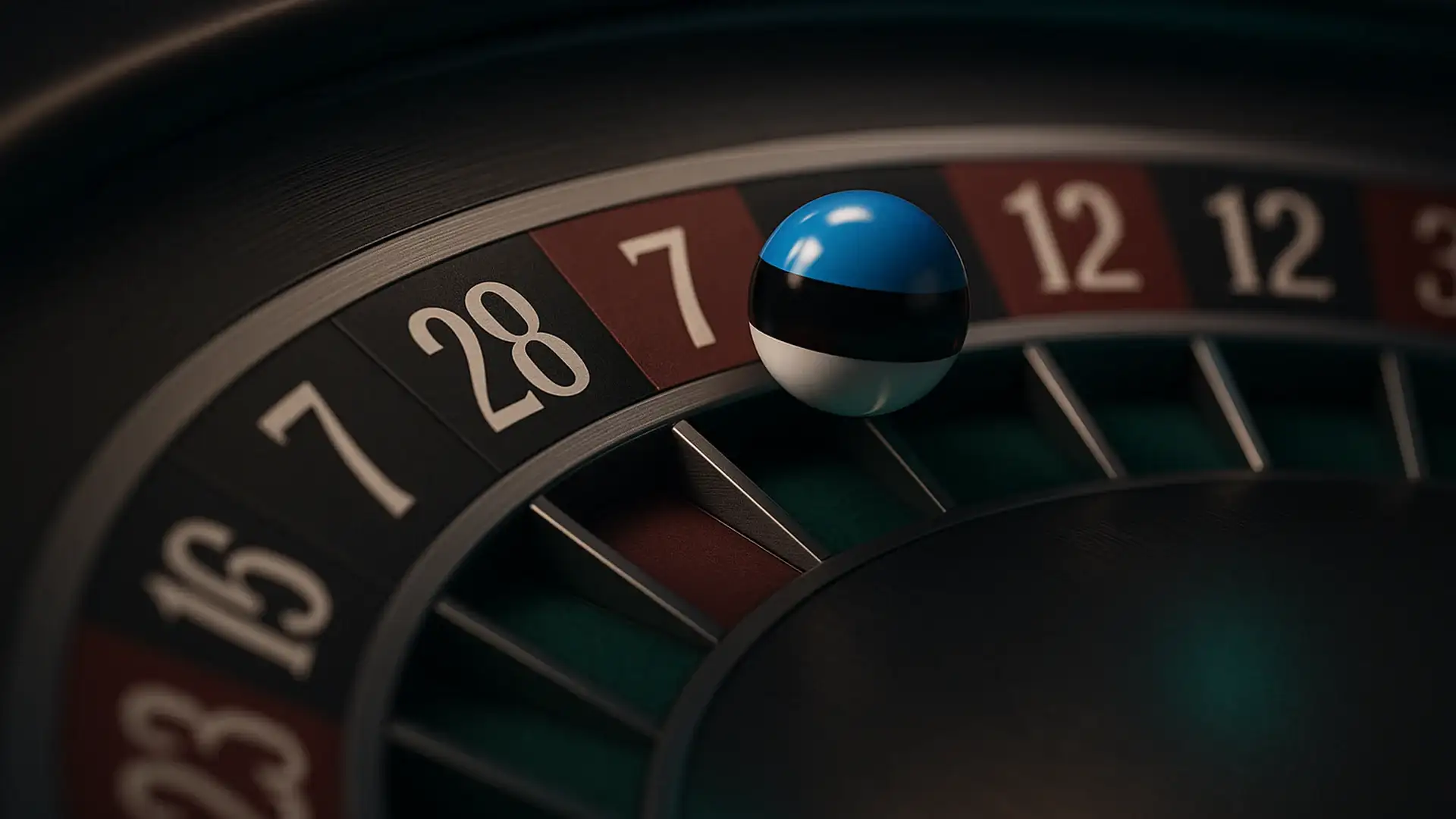 Roulette ball resting on number 7 of a casino roulette wheel, highlighting the game of chance and gambling.