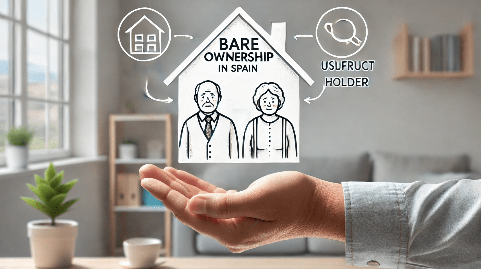 Hand presenting visual elements of bare ownership and usufruct holder concepts related to property law in Spain.