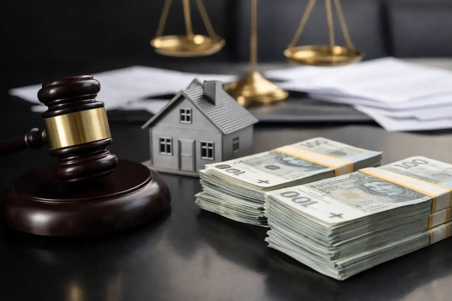 Gavel, model house, and stacks of cash on a desk with legal documents and scales of justice in the background.