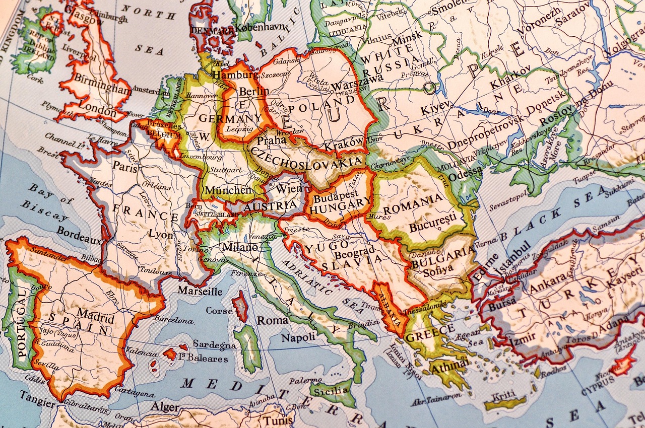 Detailed map of Europe highlighting country borders and major cities, including Paris, Berlin, and Budapest.