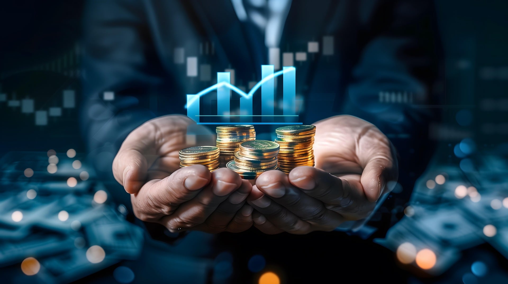 Business professional holding stacks of coins with financial growth chart overlay in a digital setting.
