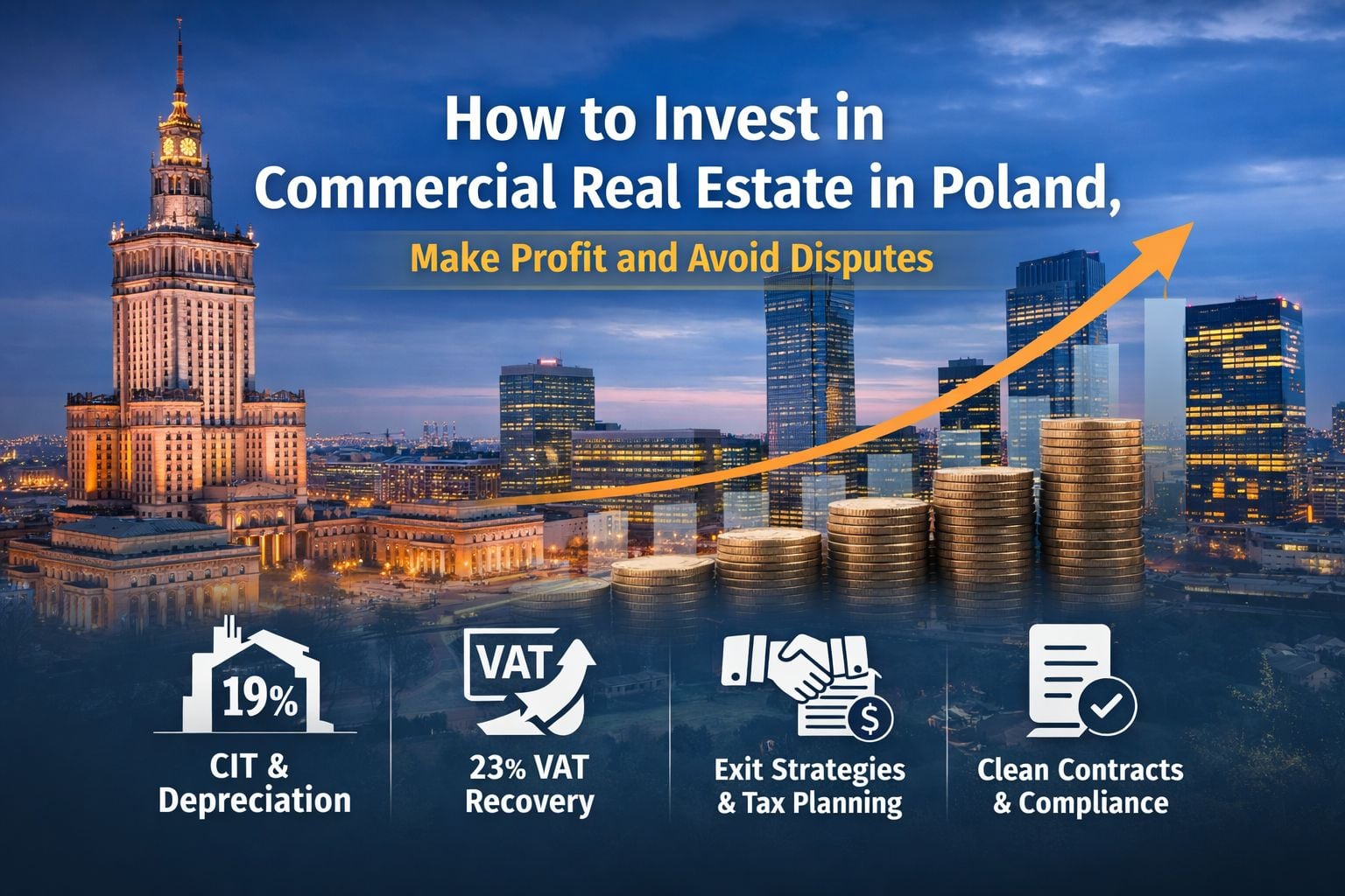 Graphic illustration on commercial real estate investment strategies, featuring a city skyline and financial growth symbols.