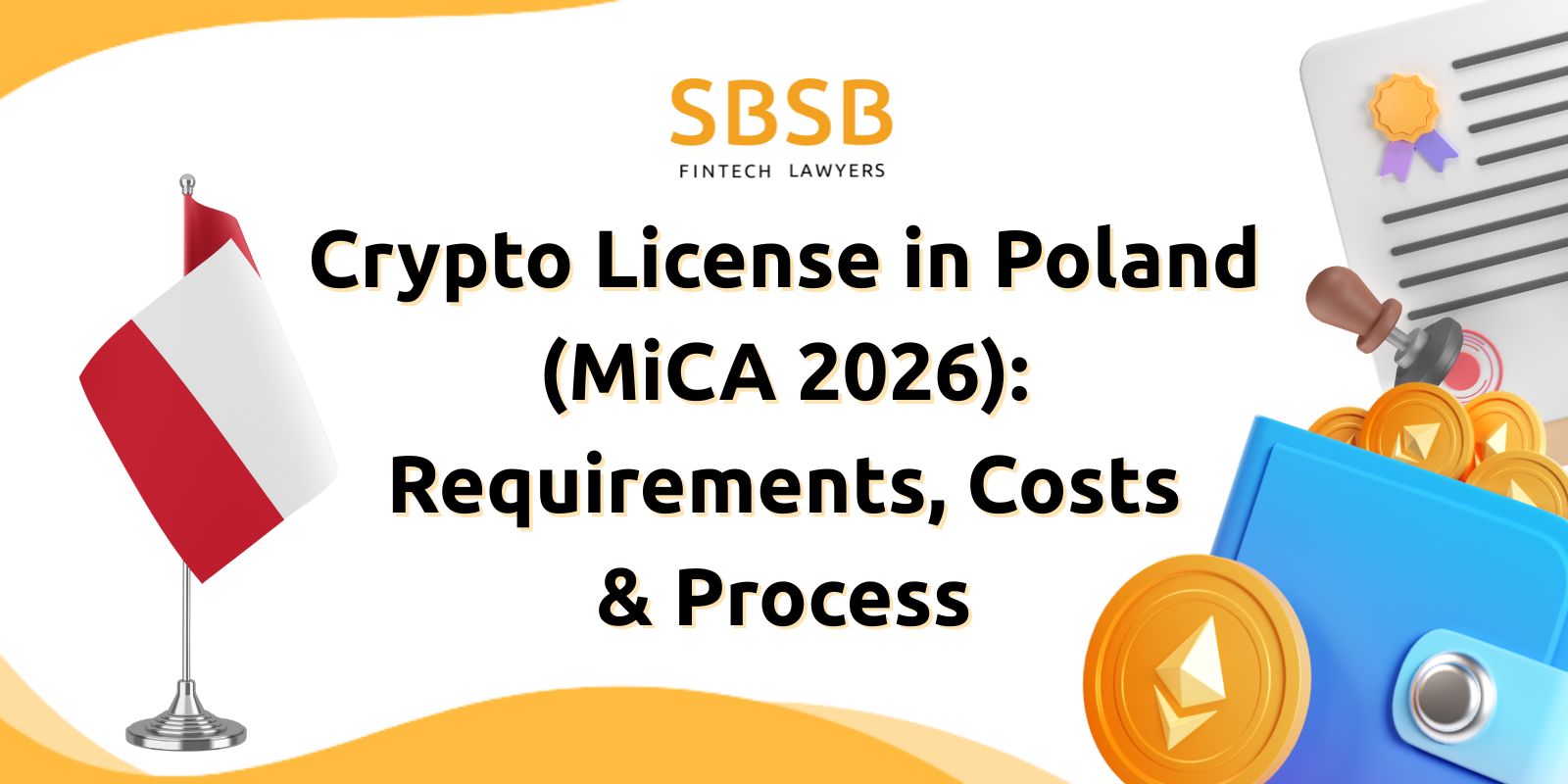 Poland flag and graphic elements representing crypto licensing requirements and processes for fintech lawyers.