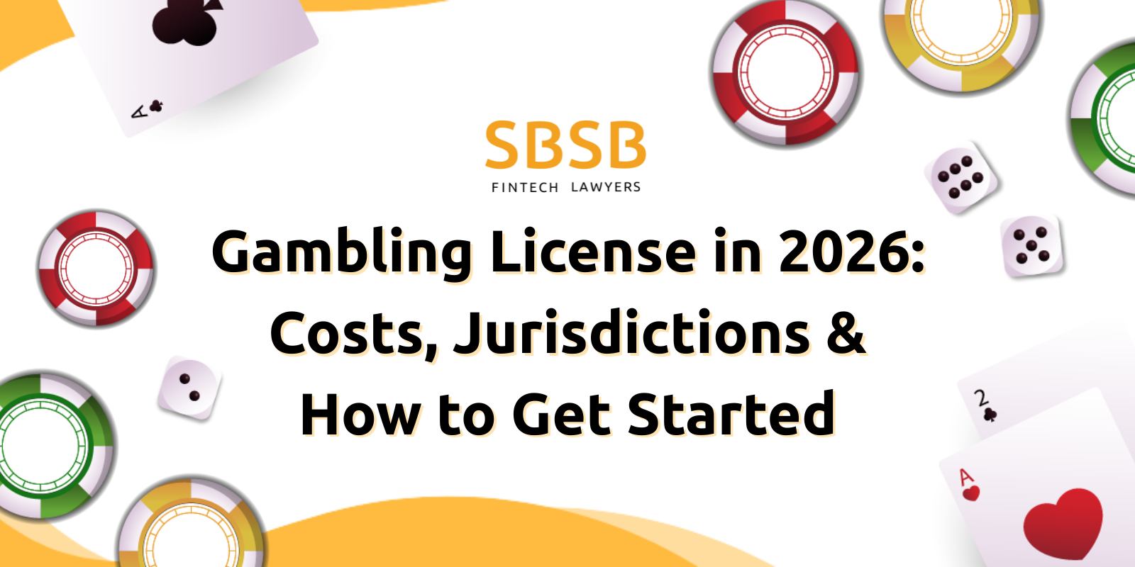 Gambling license information graphic with poker chips and playing cards, detailing costs and jurisdictions.