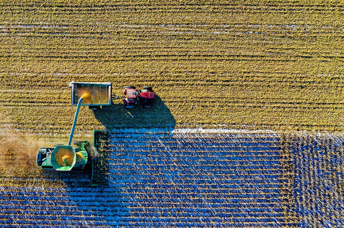 Harvesting machinery and tractors working in a large agricultural field.