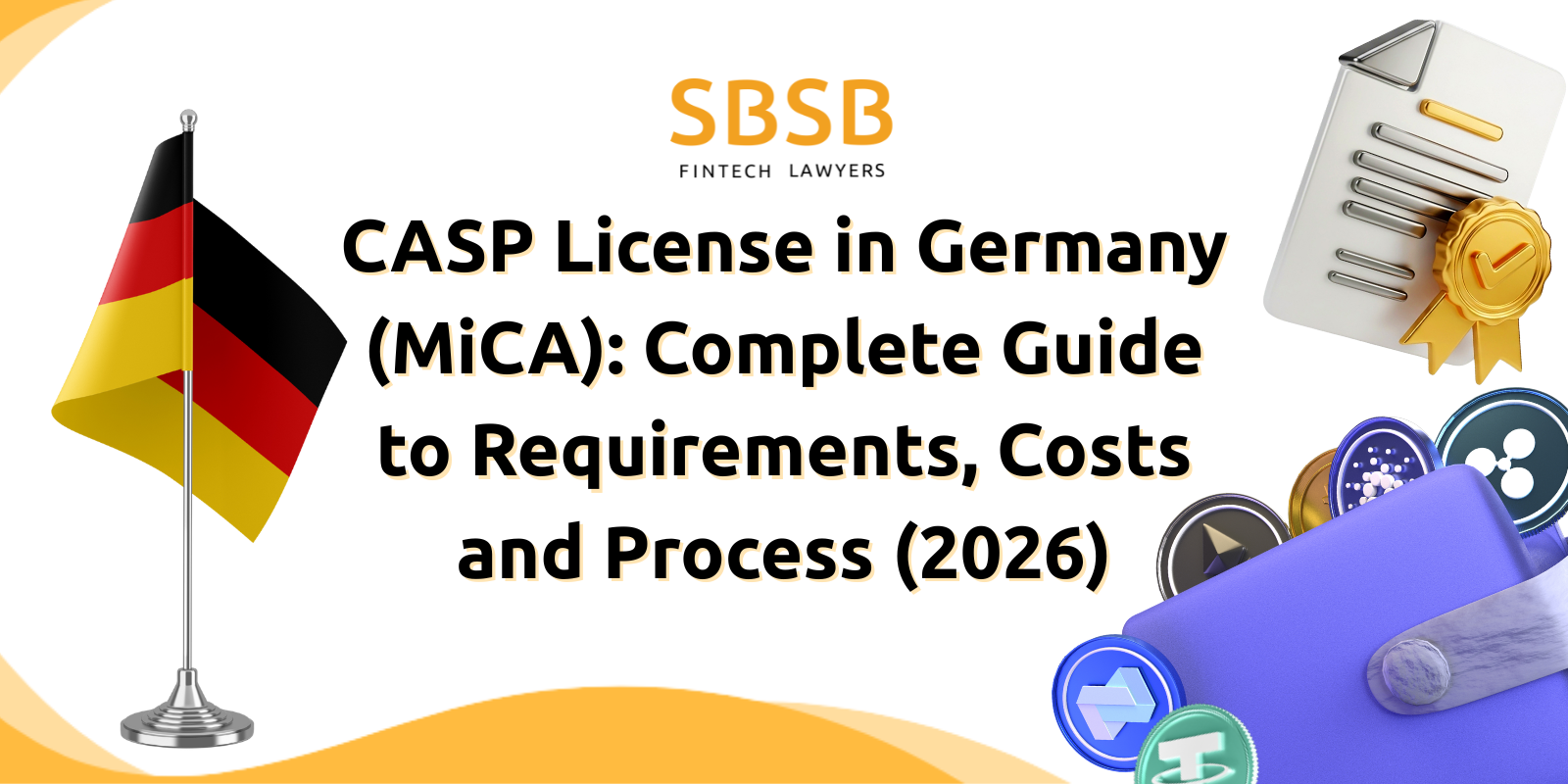 CASP license guide with German flag and icons representing legal documents, costs, and fintech elements.