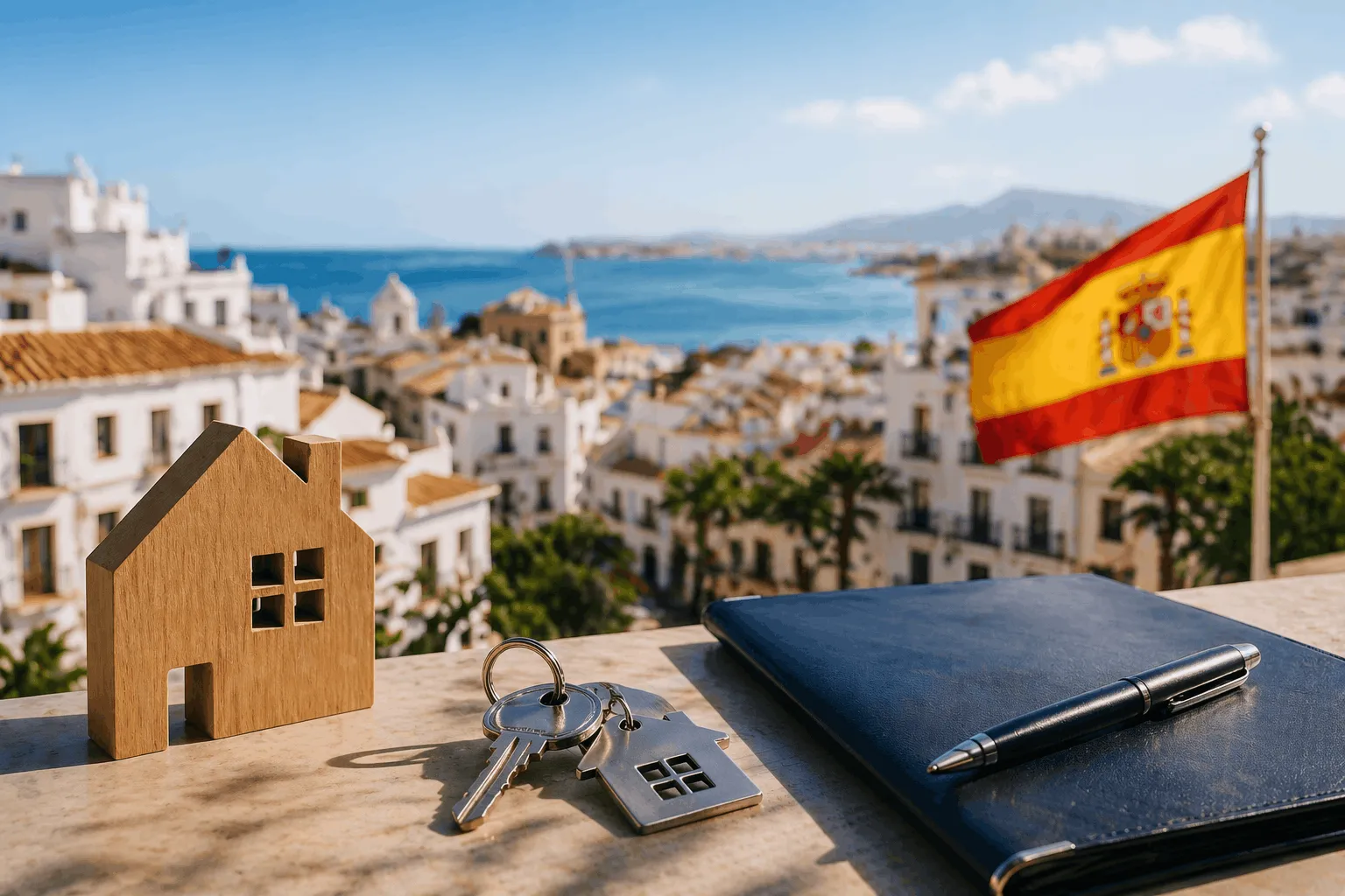 Wooden house model and keys on a table with a notebook and pen, overlooking a coastal town with a Spanish flag.
