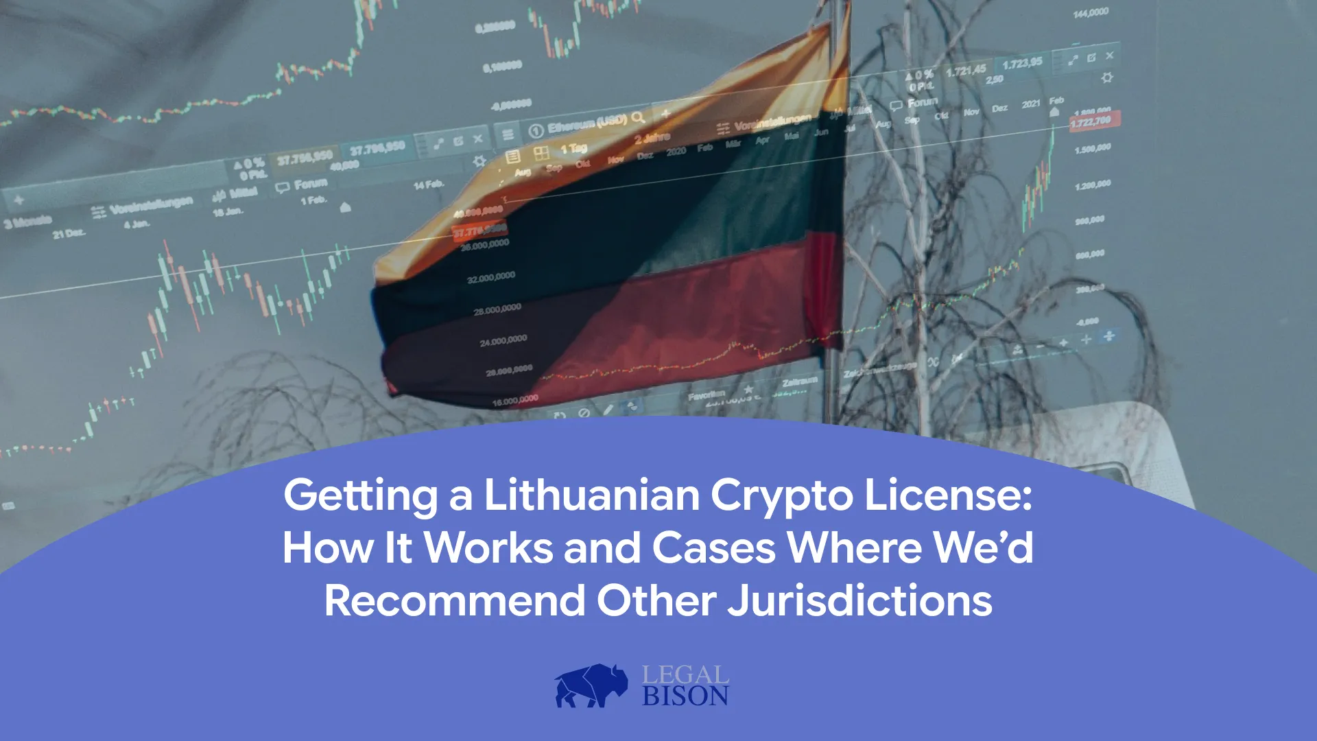 Lithuanian flag in front of financial charts, illustrating legal discussions on crypto licensing and jurisdictions.
