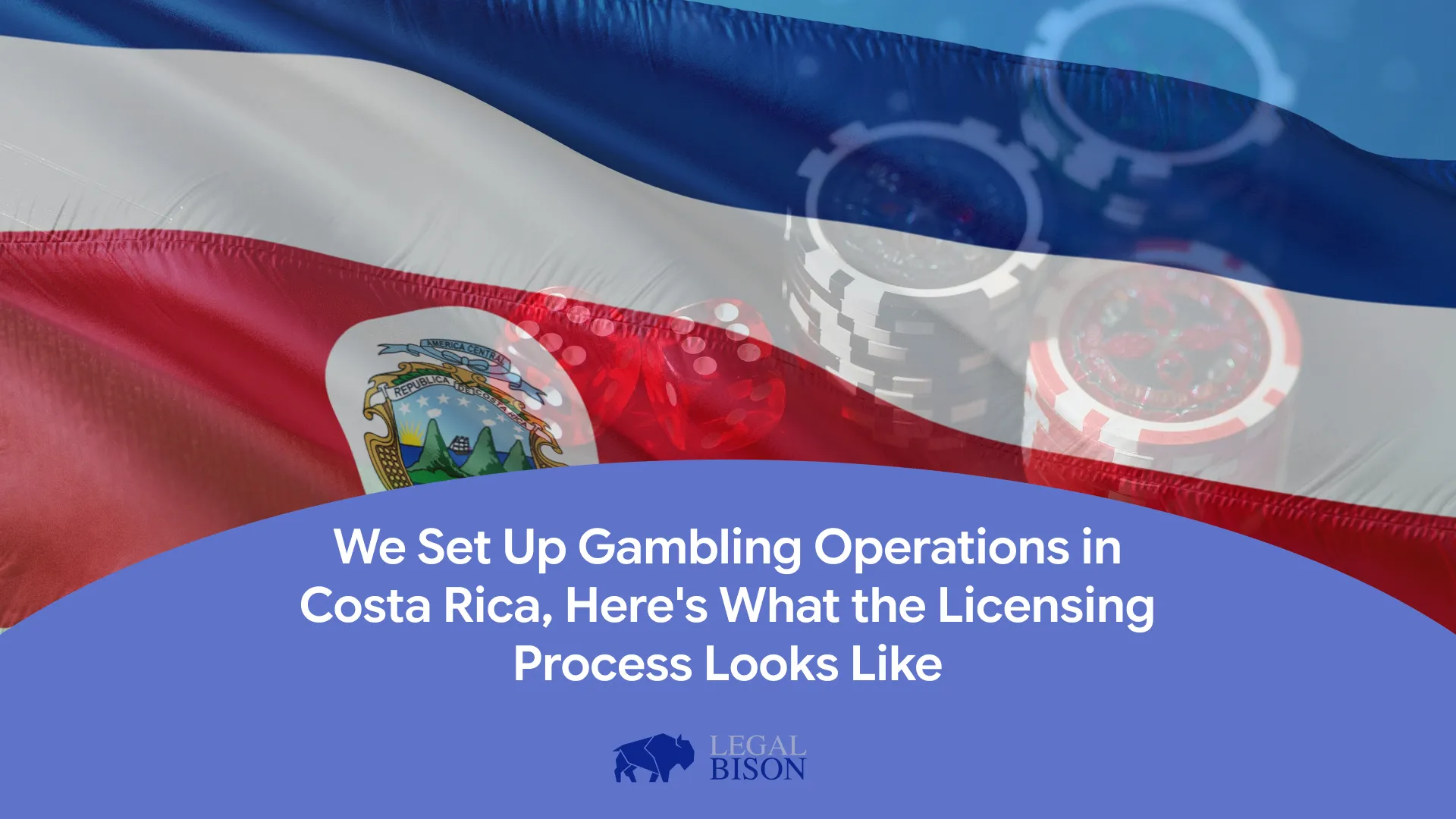 Costa Rican flag with casino chips and dice, representing legal gambling operations and licensing processes.