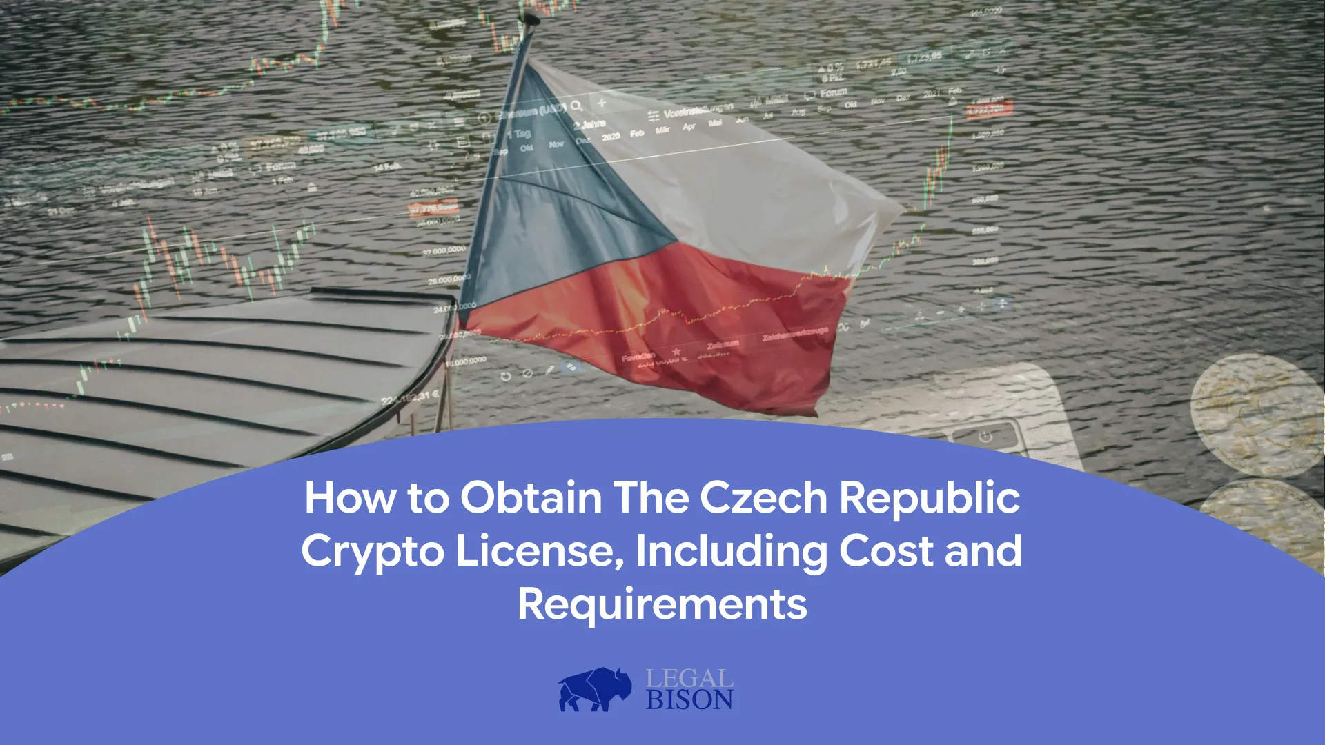 Czech Republic flag waving beside financial graphics on a dock, relevant to crypto licensing information.