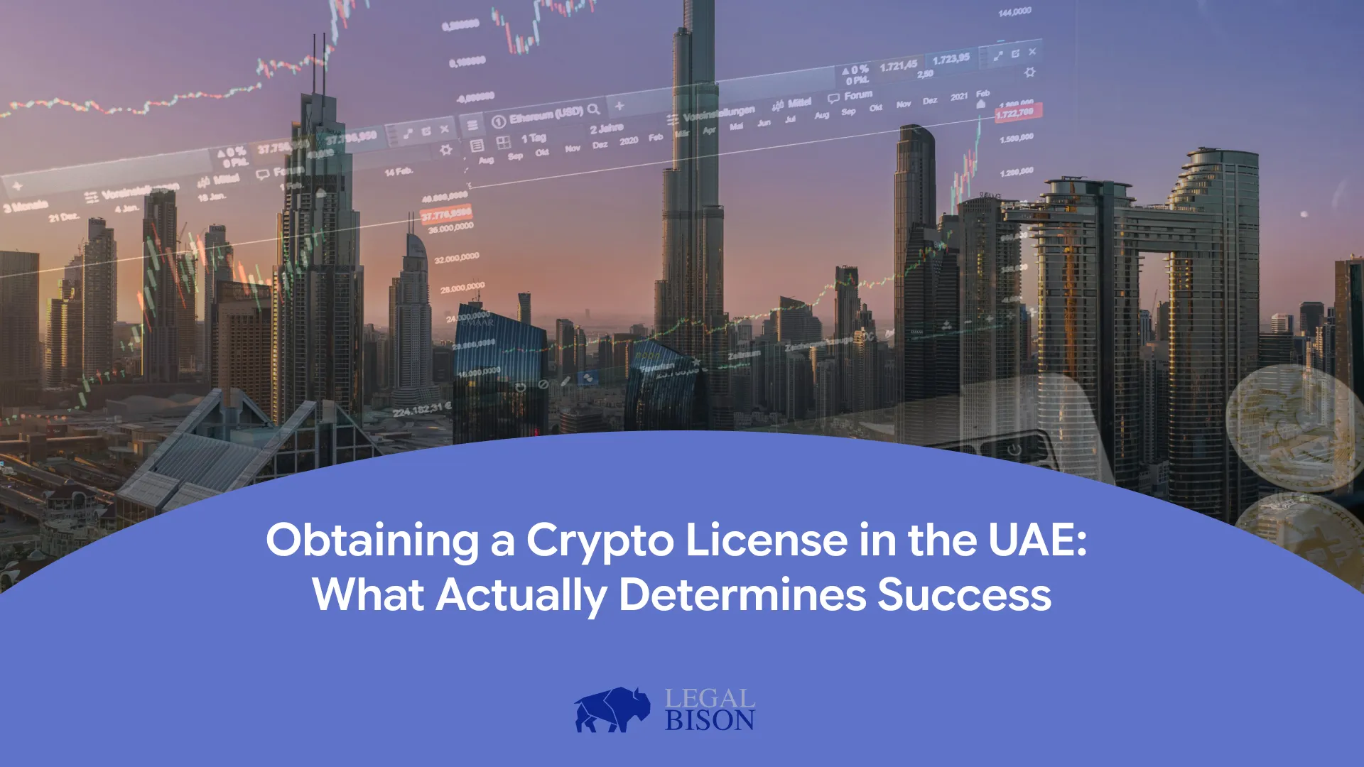 Skyline of Dubai with overlaid cryptocurrency charts and industry symbols, illustrating crypto licensing in a business context.