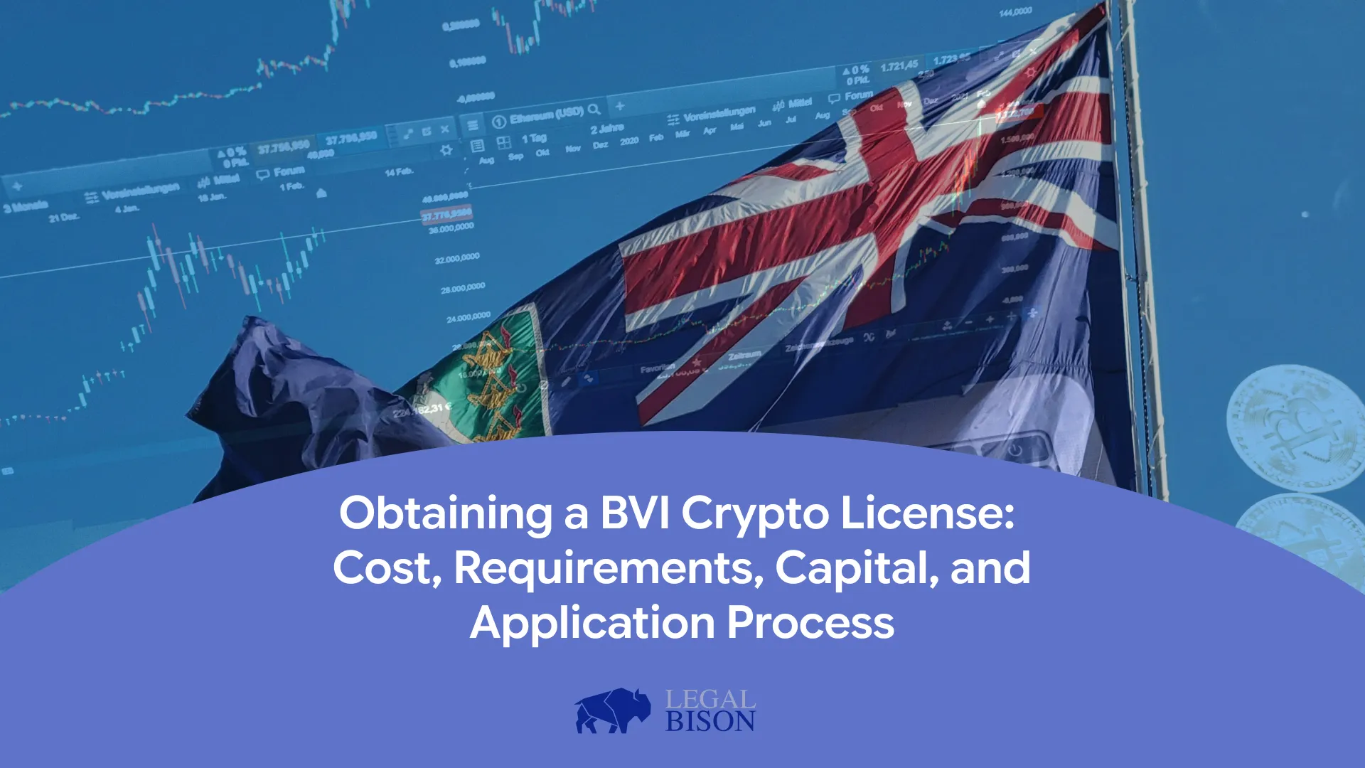BVI flag with financial graphs and cryptocurrency icons illustrating the crypto license application process.