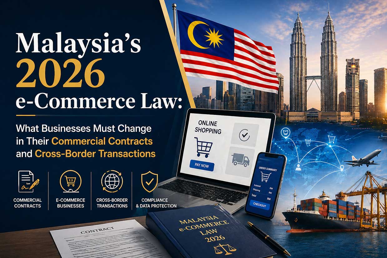 Malaysia's 2026 e-Commerce Law overview with legal text, contract imagery, and online shopping icons against a city backdrop.