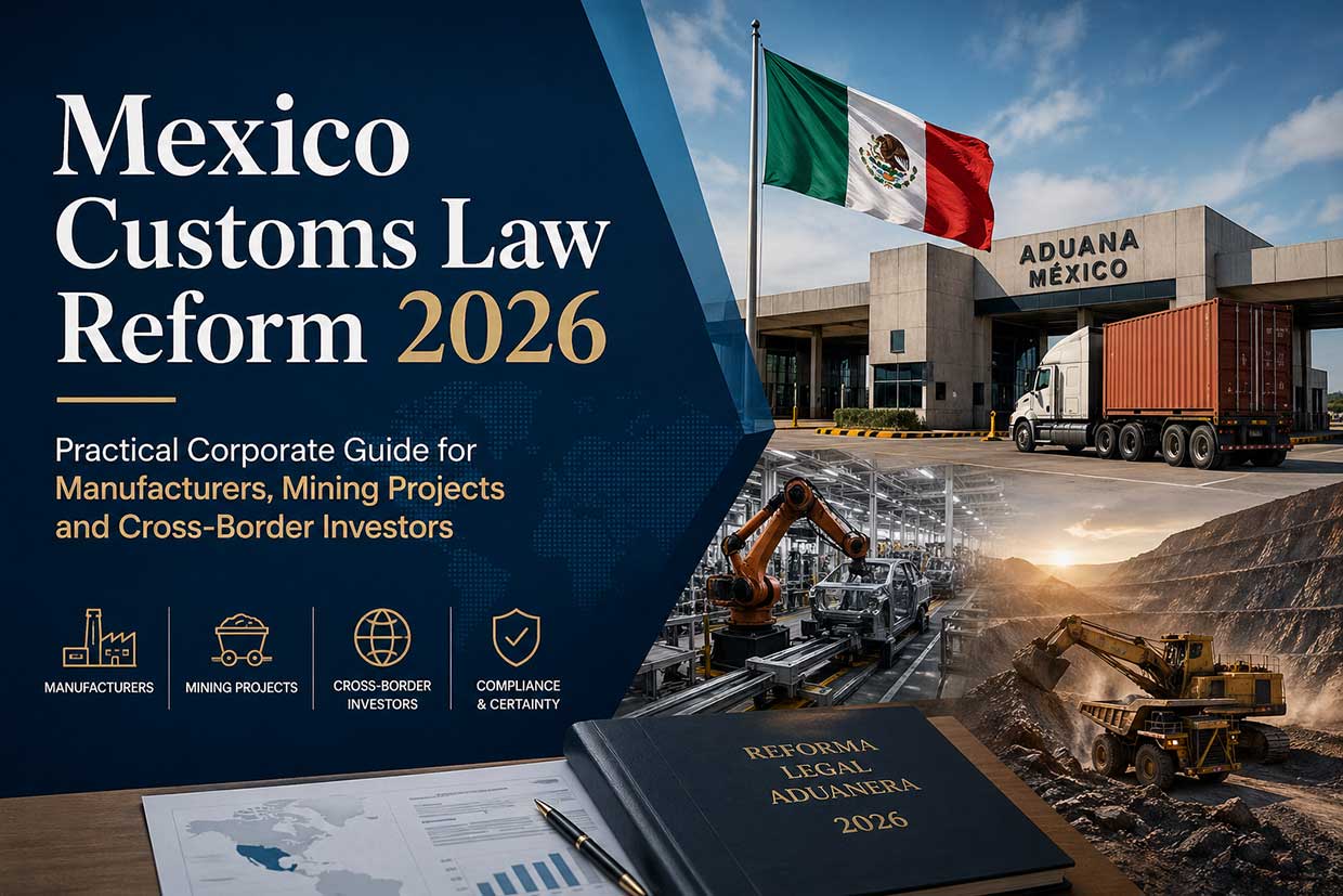 Mexico Customs Law Reform 2026 document with legal guide, customs border entry, and industrial activities in background.